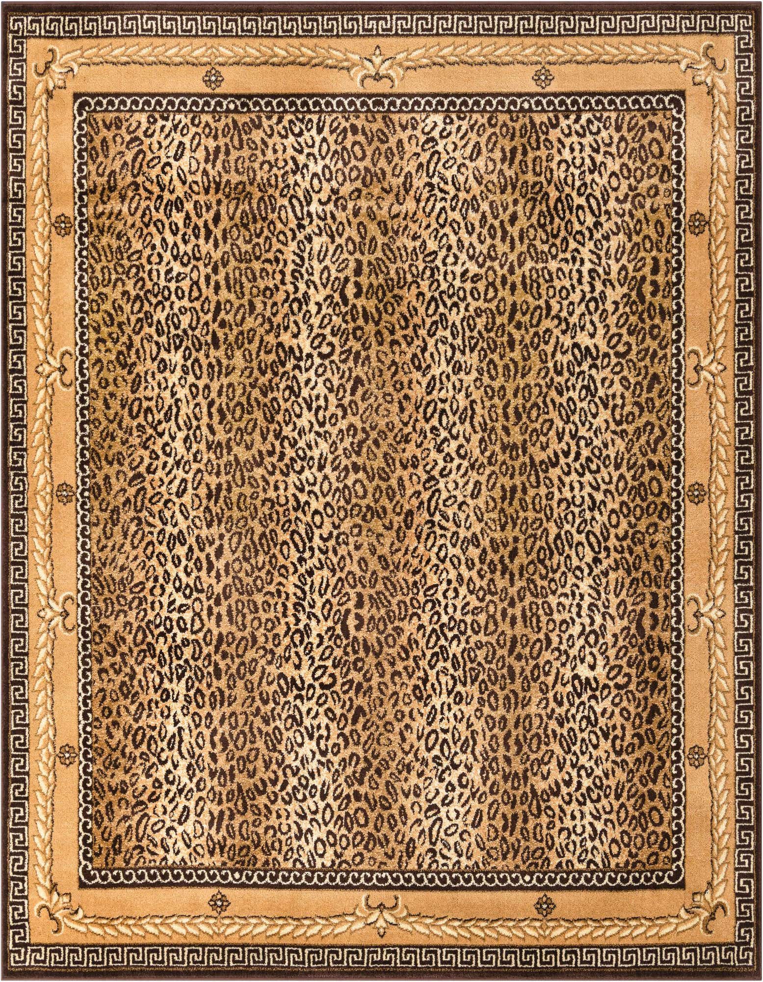 A square 7' 10 x 7' 10 Savannah collection rug featuring a bold brown and tan leopard print pattern with a decorative Greek key border.