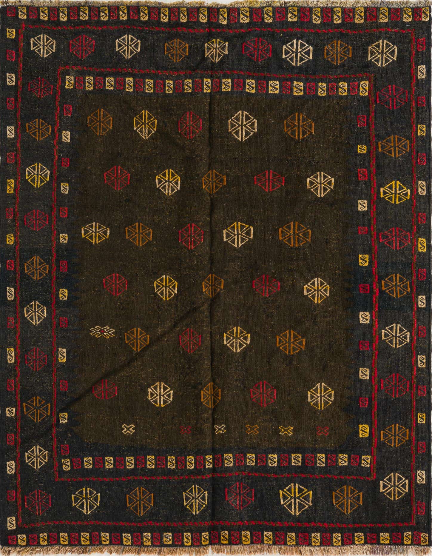 A square 3' 10 x 4' 4 Sumak rug with a dark brown field and tribal geometric patterns in tan, red, and gold, featuring a detailed border.