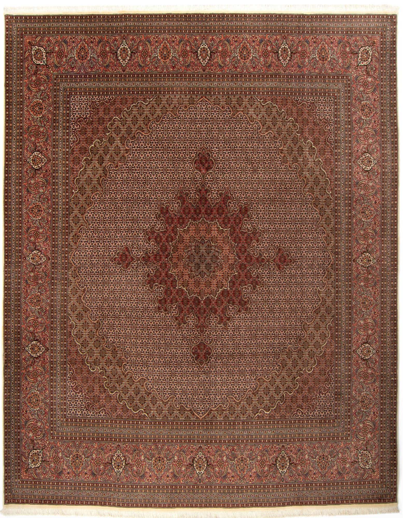 A square 9' 10 x 9' 10 Persian Tabriz Mahi rug in shades of brown and tan, featuring an intricate traditional medallion and border pattern.