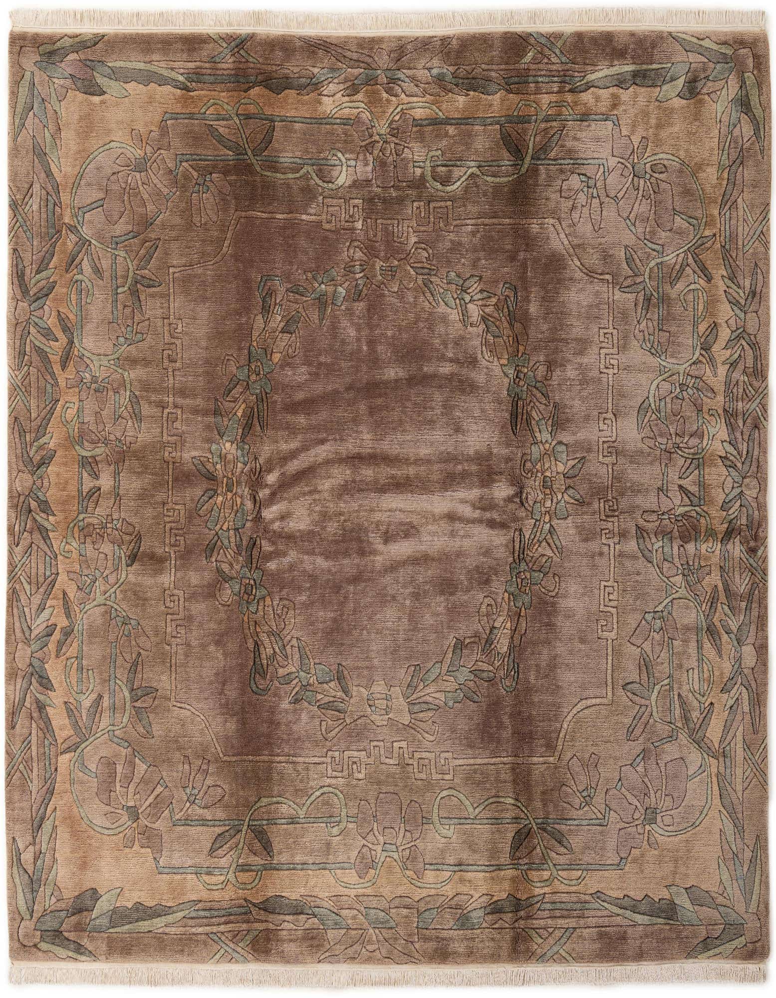 A square 8'4" x 8'5" brown wool rug with a modern oriental design featuring an intricate floral and vine border.