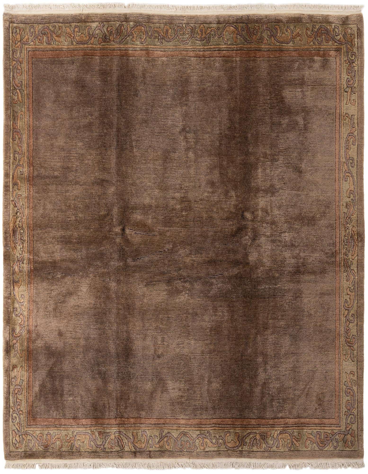 A square 8'x8' Tibet Collection wool rug in shades of brown with a subtle modern oriental border.