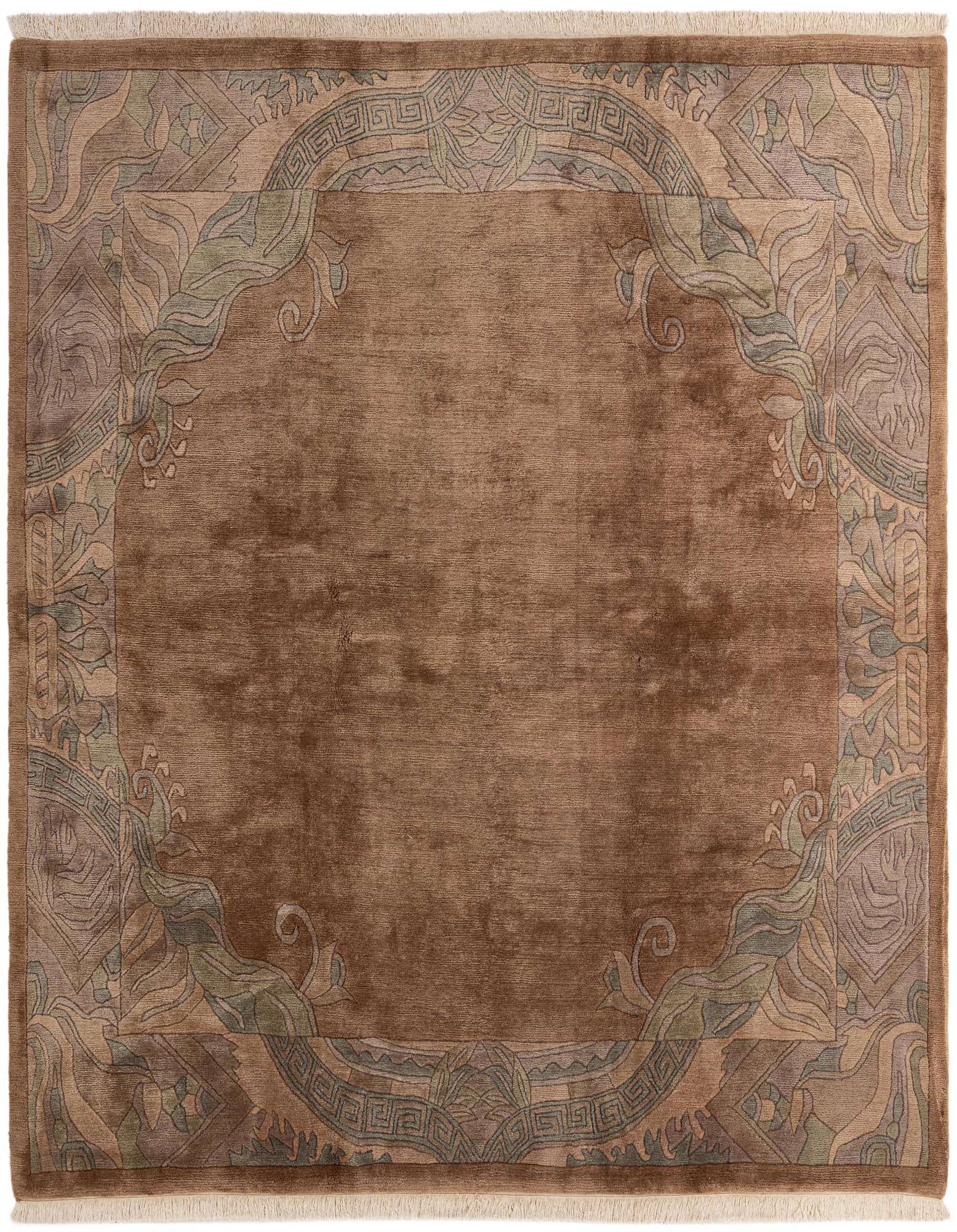A square 8' 0 x 8' 3 brown wool area rug with a modern oriental border pattern in tans, blues, and greens.