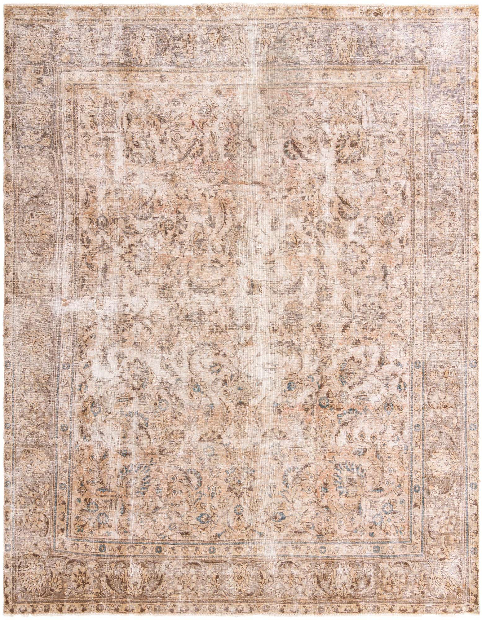 A large 9' 8 x 10' 9 square Ultra Vintage wool rug with an ornate Persian medallion pattern in distressed browns and tans.