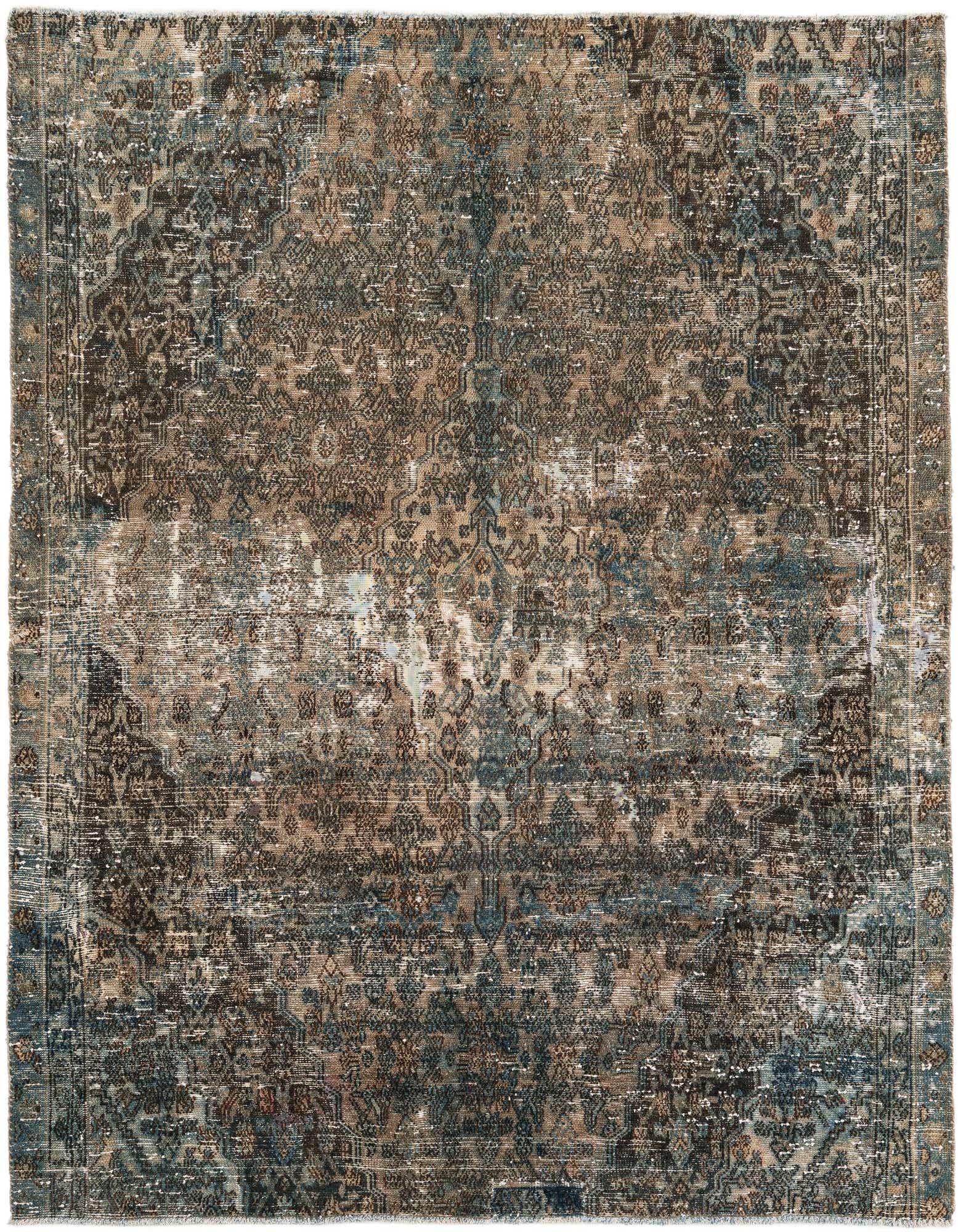 A square 6'5" x 7'10" Ultra Vintage wool rug featuring a distressed Persian medallion pattern in browns, tans, and hints of blue.