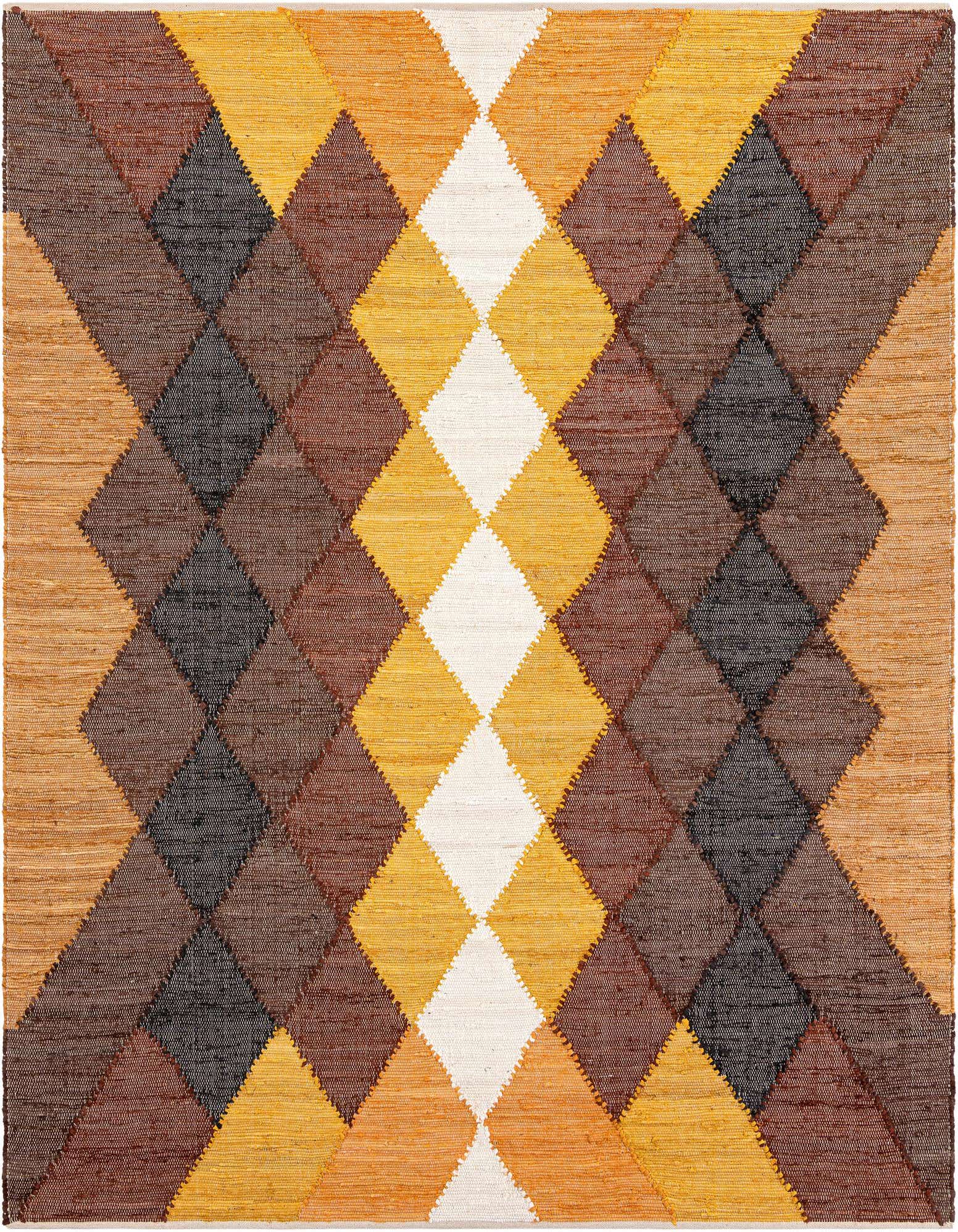 A rectangular 8x10 Chindi Cotton rug featuring a modern geometric pattern of black, brown, tan, gold, and white diamonds.