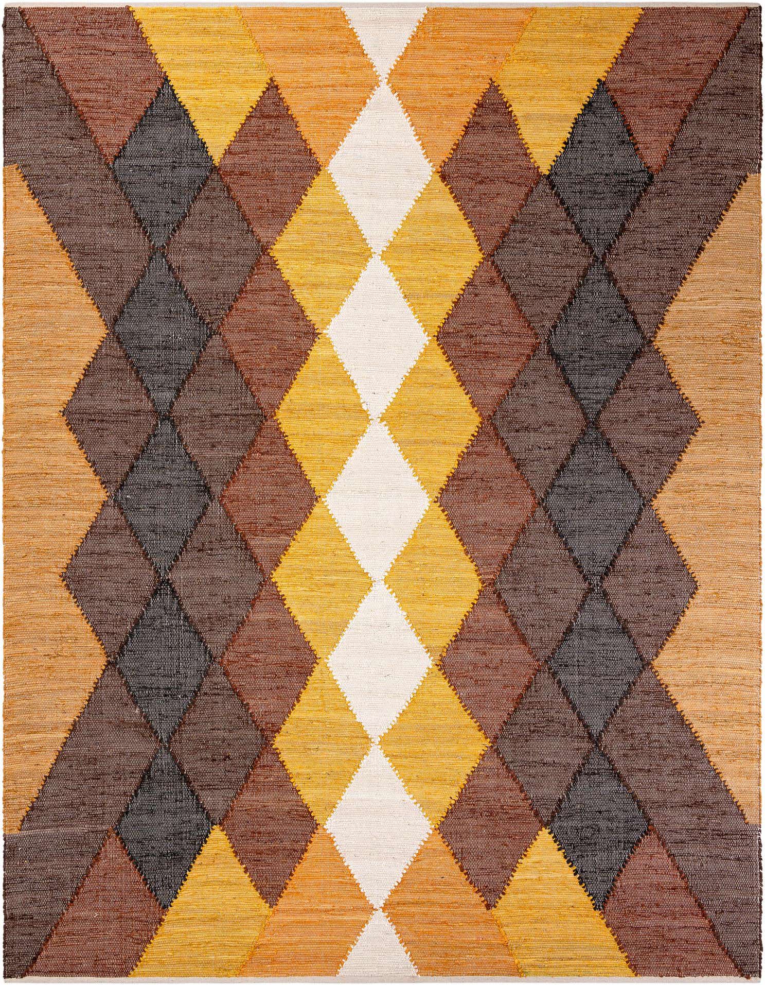 A 9x12 rectangular Chindi Cotton rug featuring a contemporary diamond pattern in black, brown, tan, gold, and white.