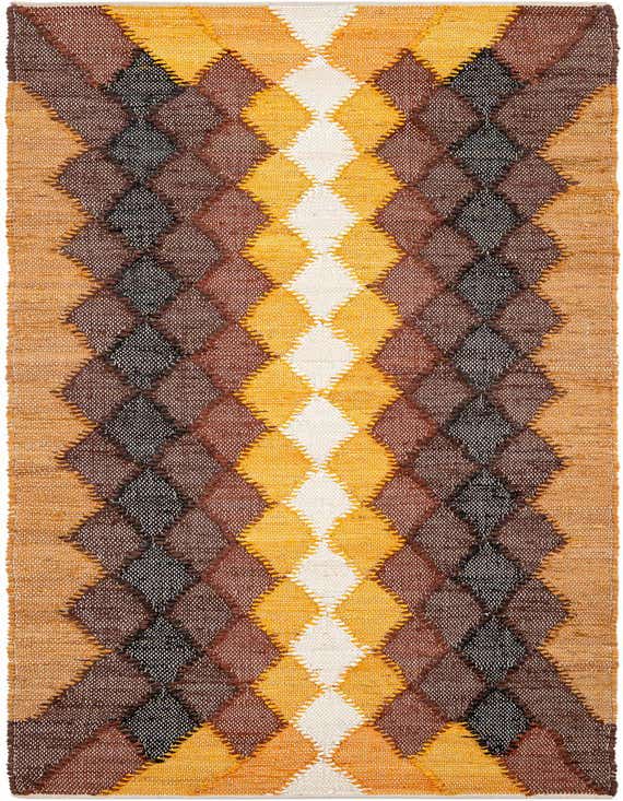 A 10 ft runner rug with a contemporary diamond pattern in black, brown, tan, gold, and white, ideal for a hallway.