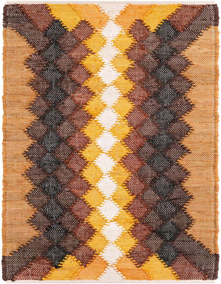 A 6 ft runner rug featuring a modern abstract diamond pattern in black, brown, tan, and gold cotton.
