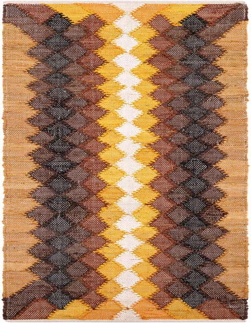 A close-up of a Chindi Cotton 8 Ft Runner rug featuring a modern diamond pattern in black, brown, tan, gold, and white.