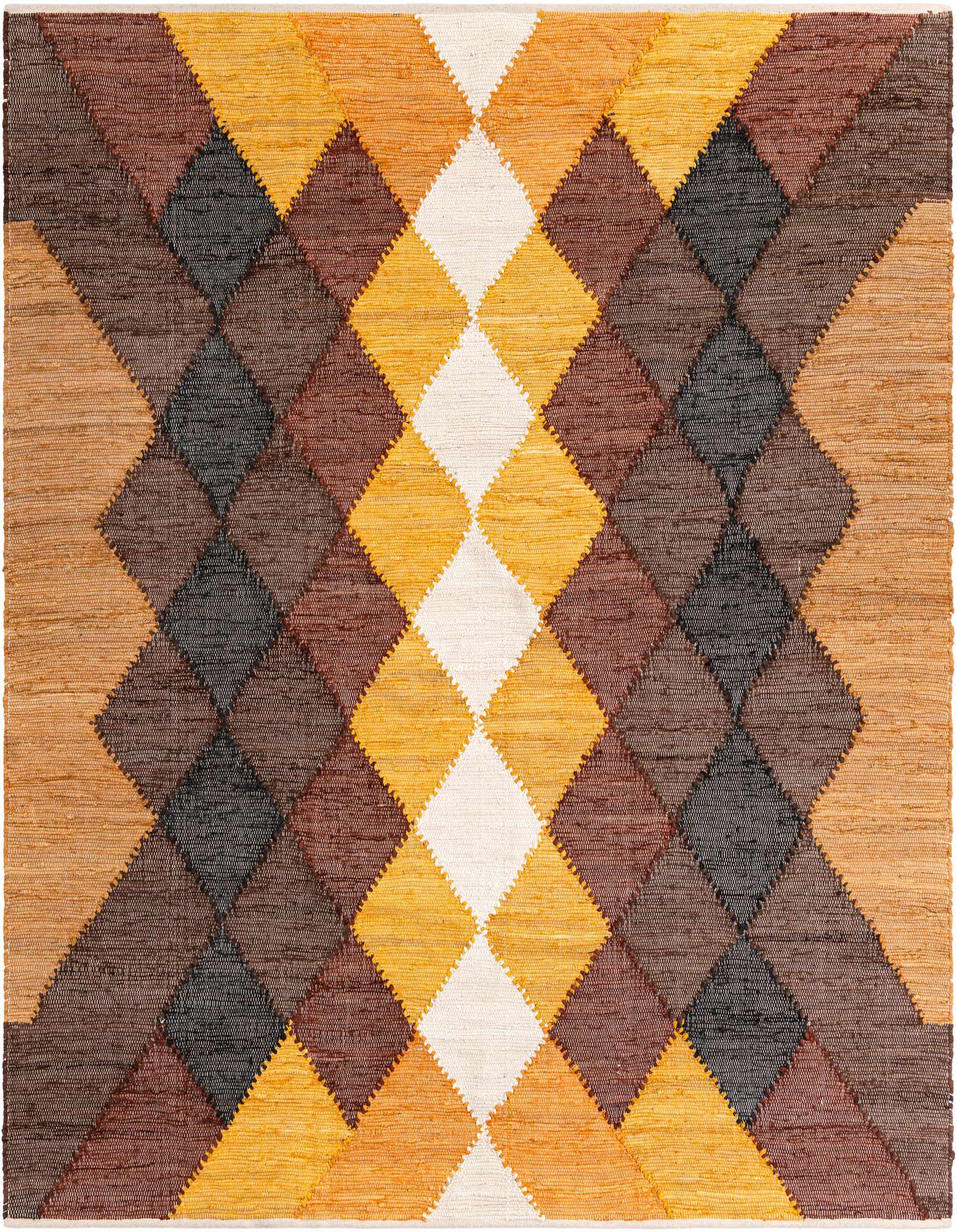 A square Chindi Cotton rug featuring a modern argyle pattern in shades of black, brown, tan, gold, and cream.