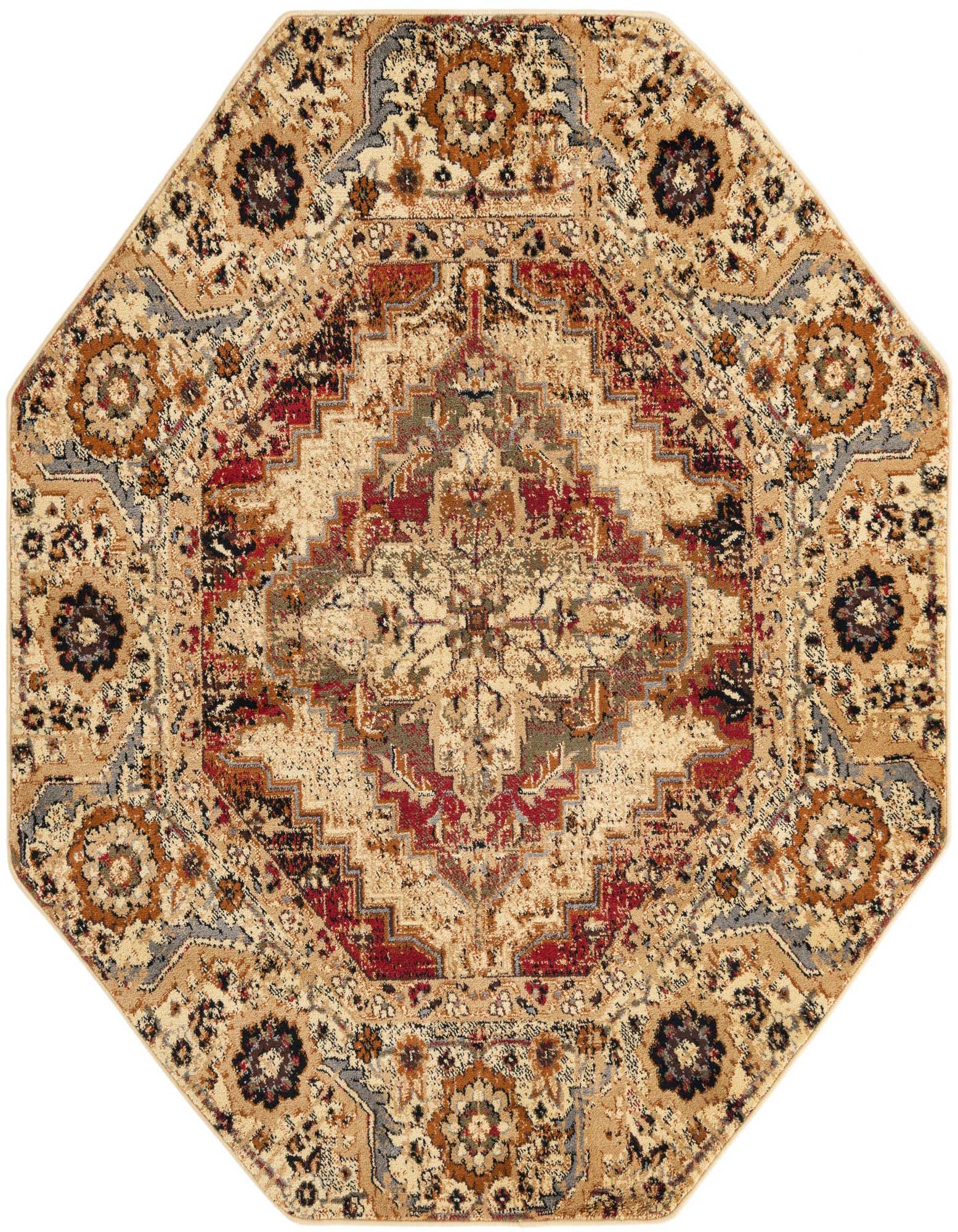 An octagon-shaped Rugs.com Saturn rug, 5'3" x 5'3", featuring a distressed Southwestern medallion pattern in ivory, cream, red, and white.