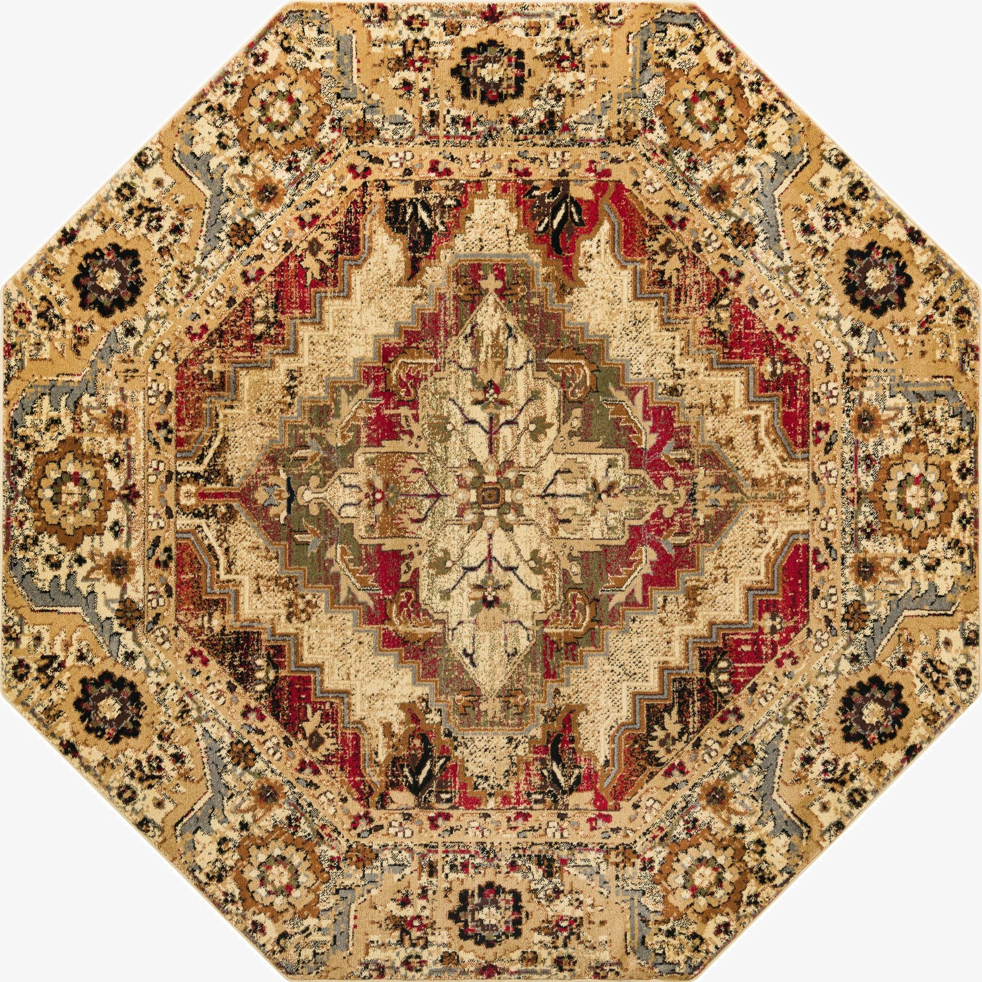 An octagon-shaped rug with a traditional medallion pattern in shades of ivory, cream, red, and brown.
