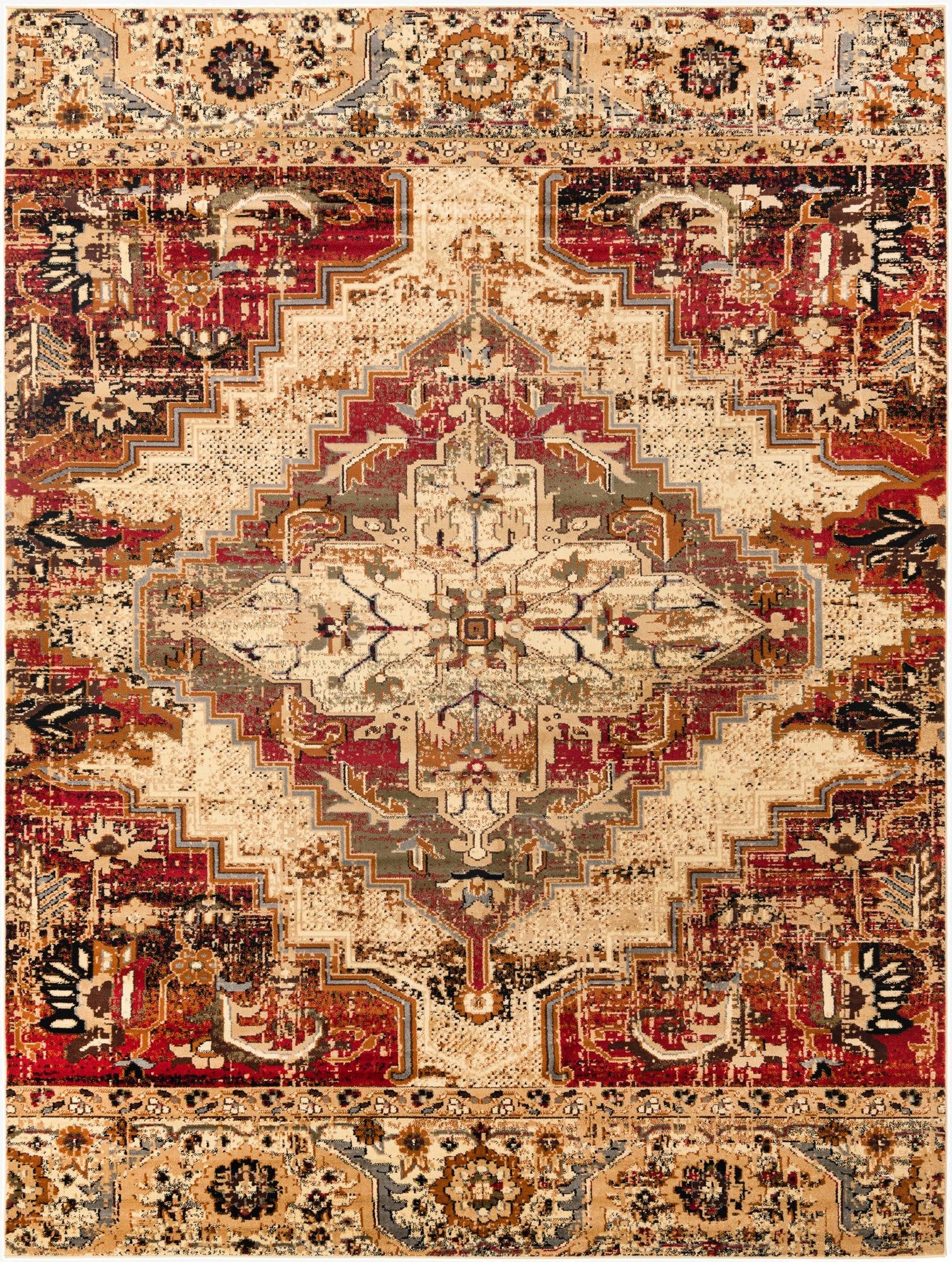 A 9x12 rectangular ivory and red Southwestern rug with a distressed medallion pattern, ideal for a living room.