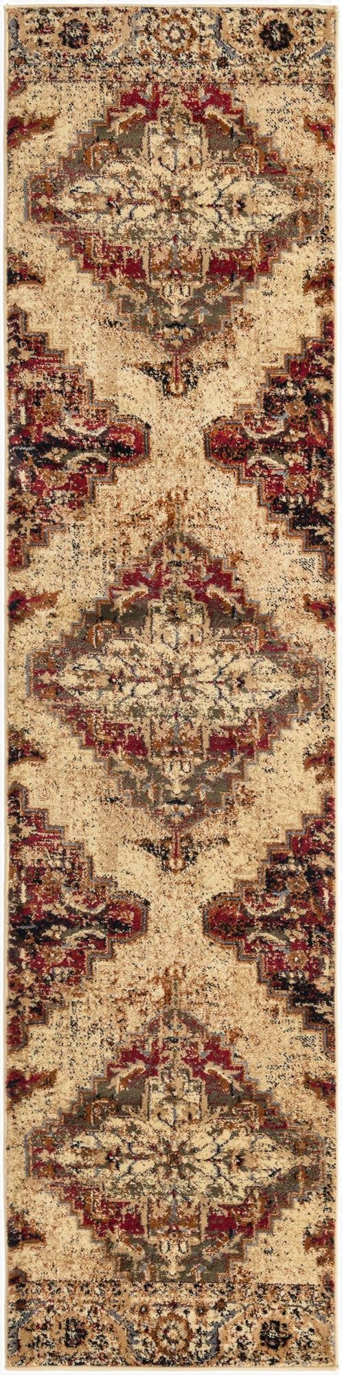 A 9 ft runner rug with a distressed Southwestern medallion pattern in ivories, creams, reds, and subtle blues.