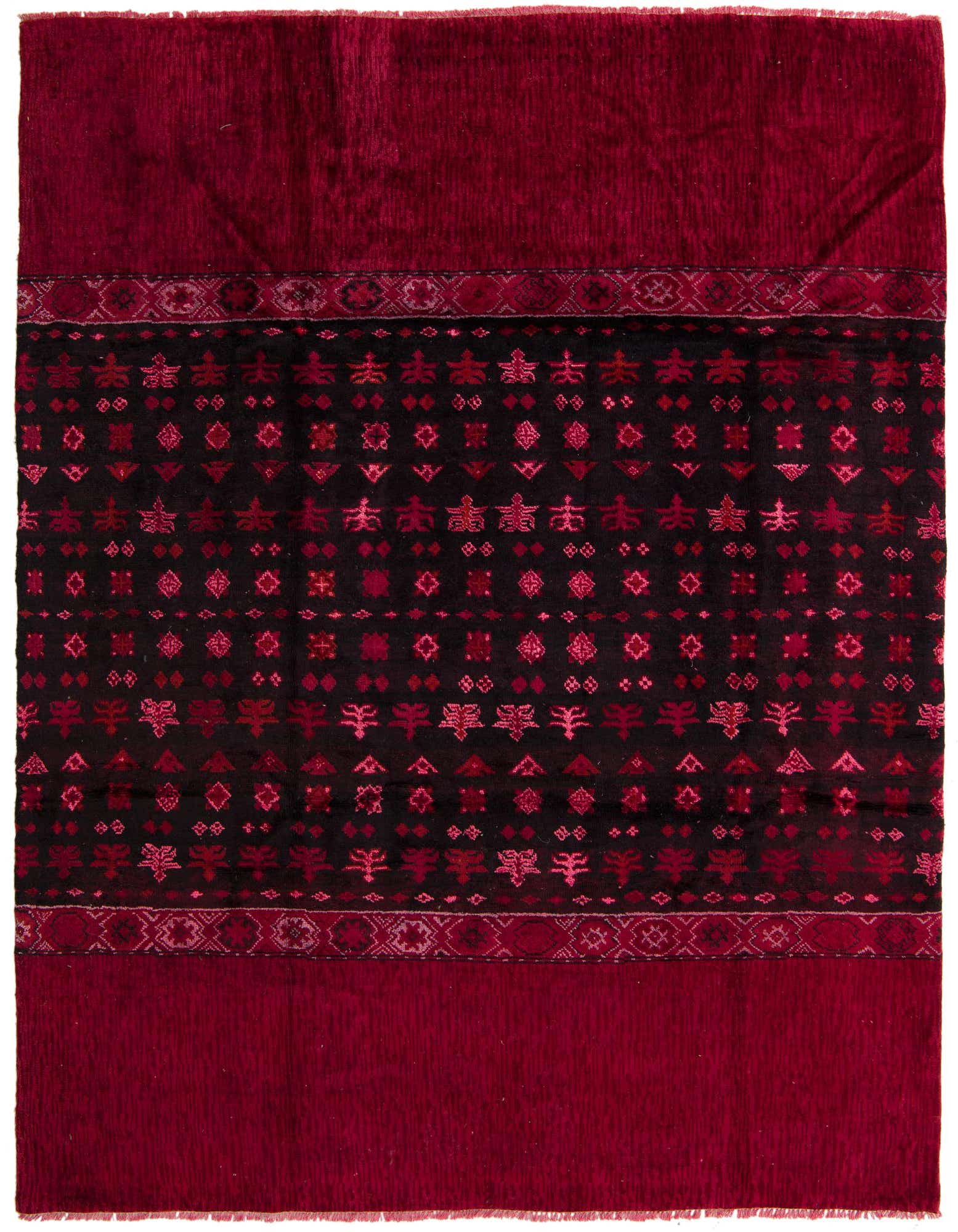 An 8x10 rectangular Darya rug in burgundy and black, featuring a modern oriental abstract pattern with textured pile.