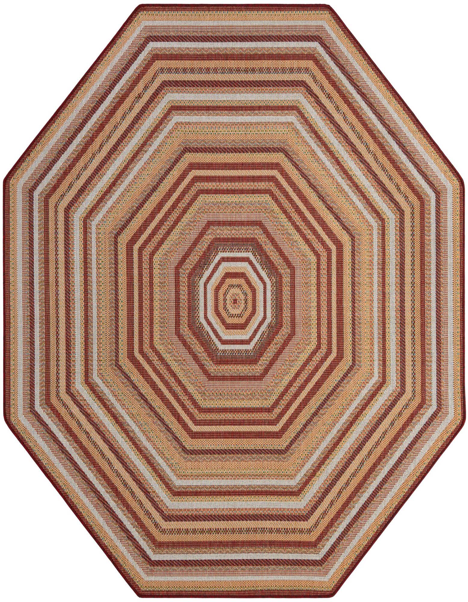 Octagon-shaped rug with concentric stripes in shades of red, orange, and cream, suitable for indoor or outdoor use.