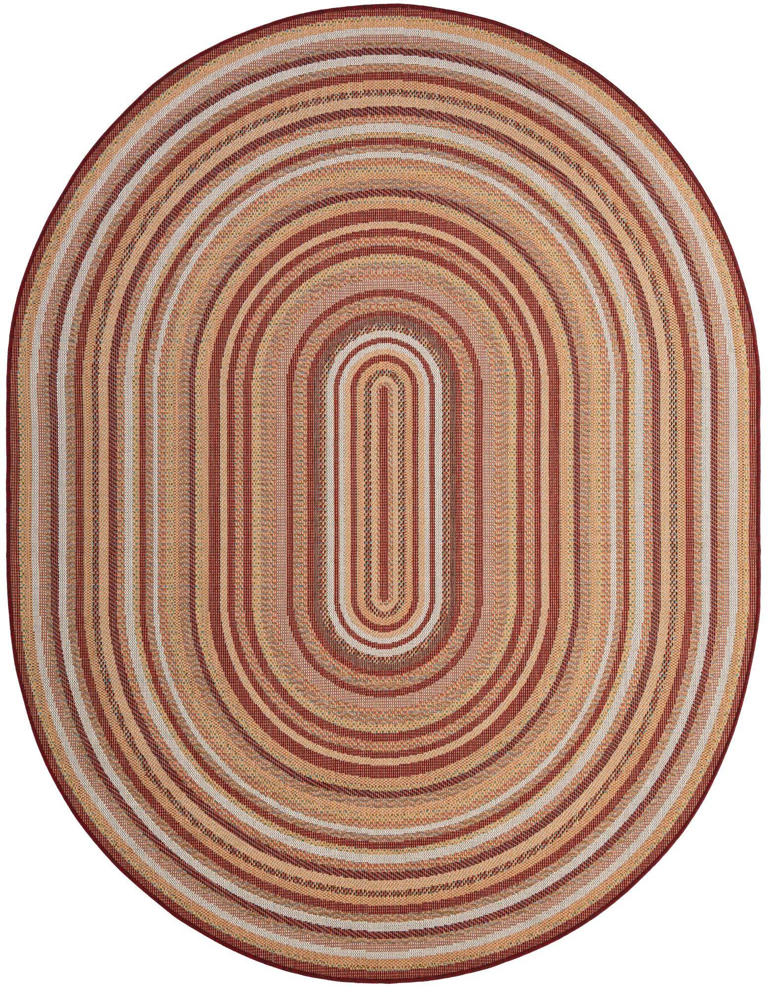 A 7' 10 x 10' 0 oval Baja Outdoor rug featuring concentric red, orange, and beige braided stripes, suitable for a patio.