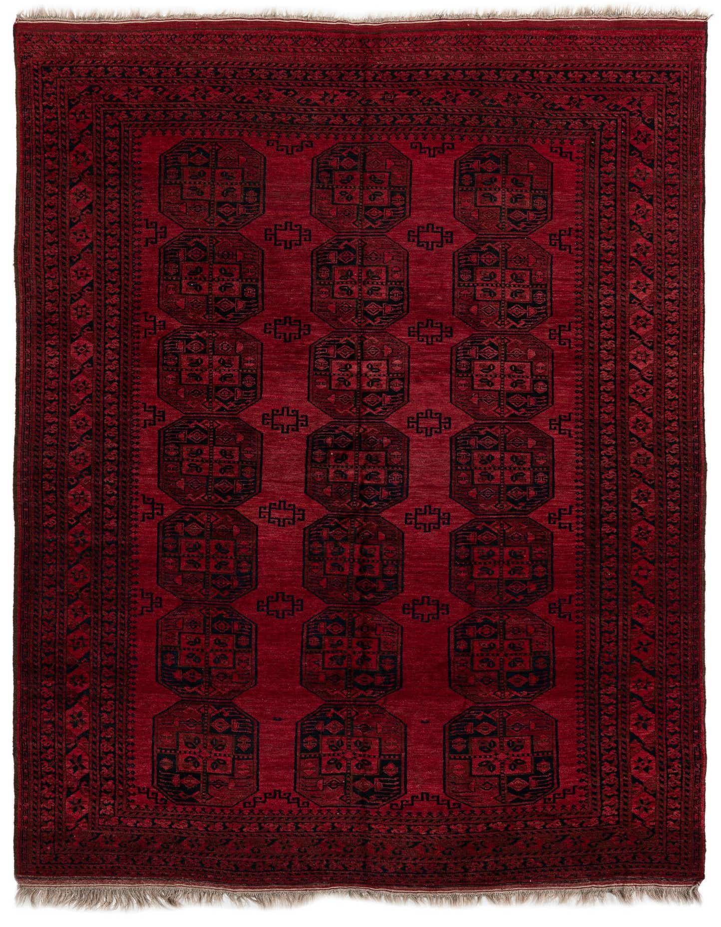 A rectangular 8x11 red tribal Afghan Akhche rug with a repeating pattern of dark geometric medallions and intricate borders.