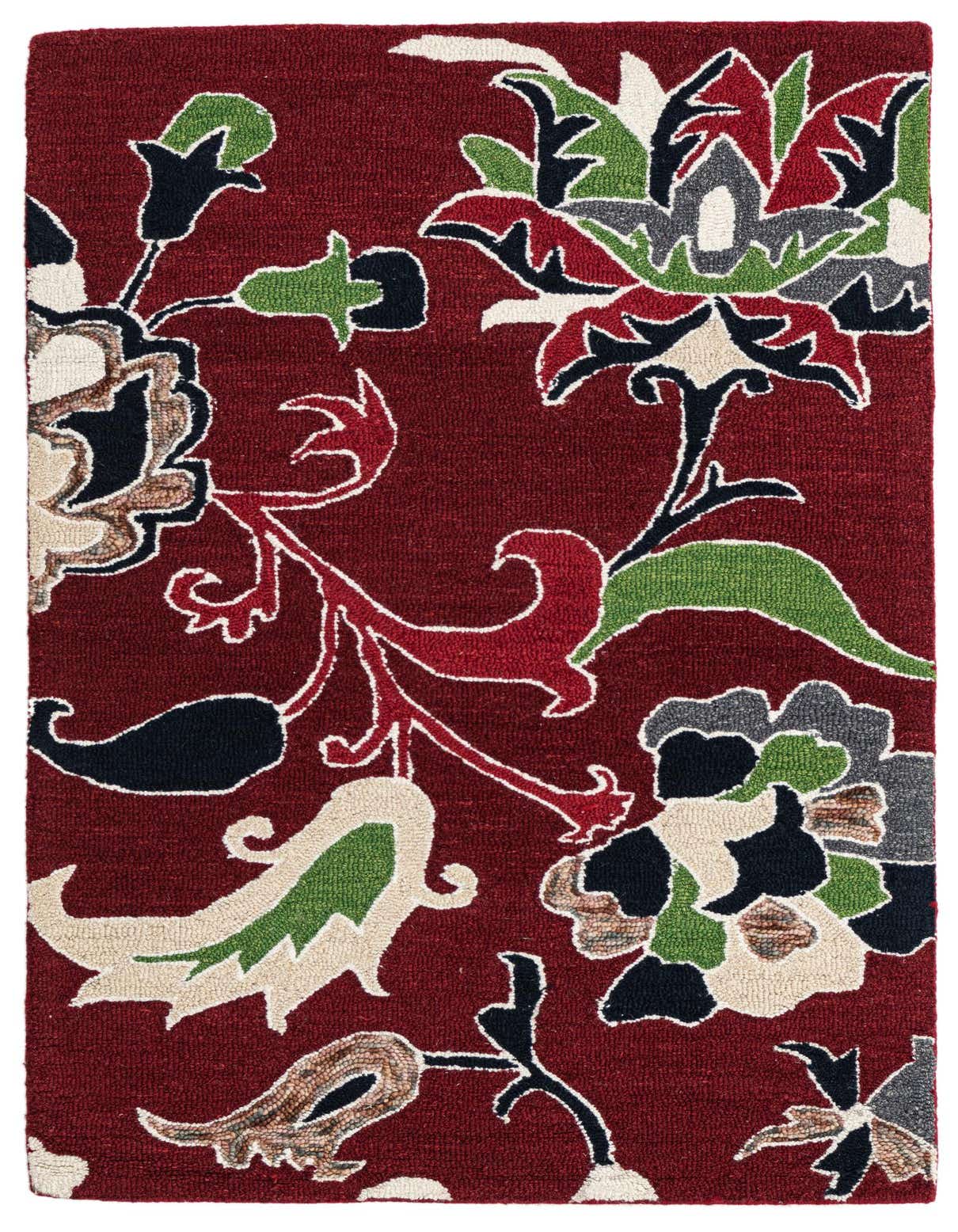 A 3x5 rectangular modern wool and cotton rug with a deep red background and large floral patterns in green, black, cream, and red.