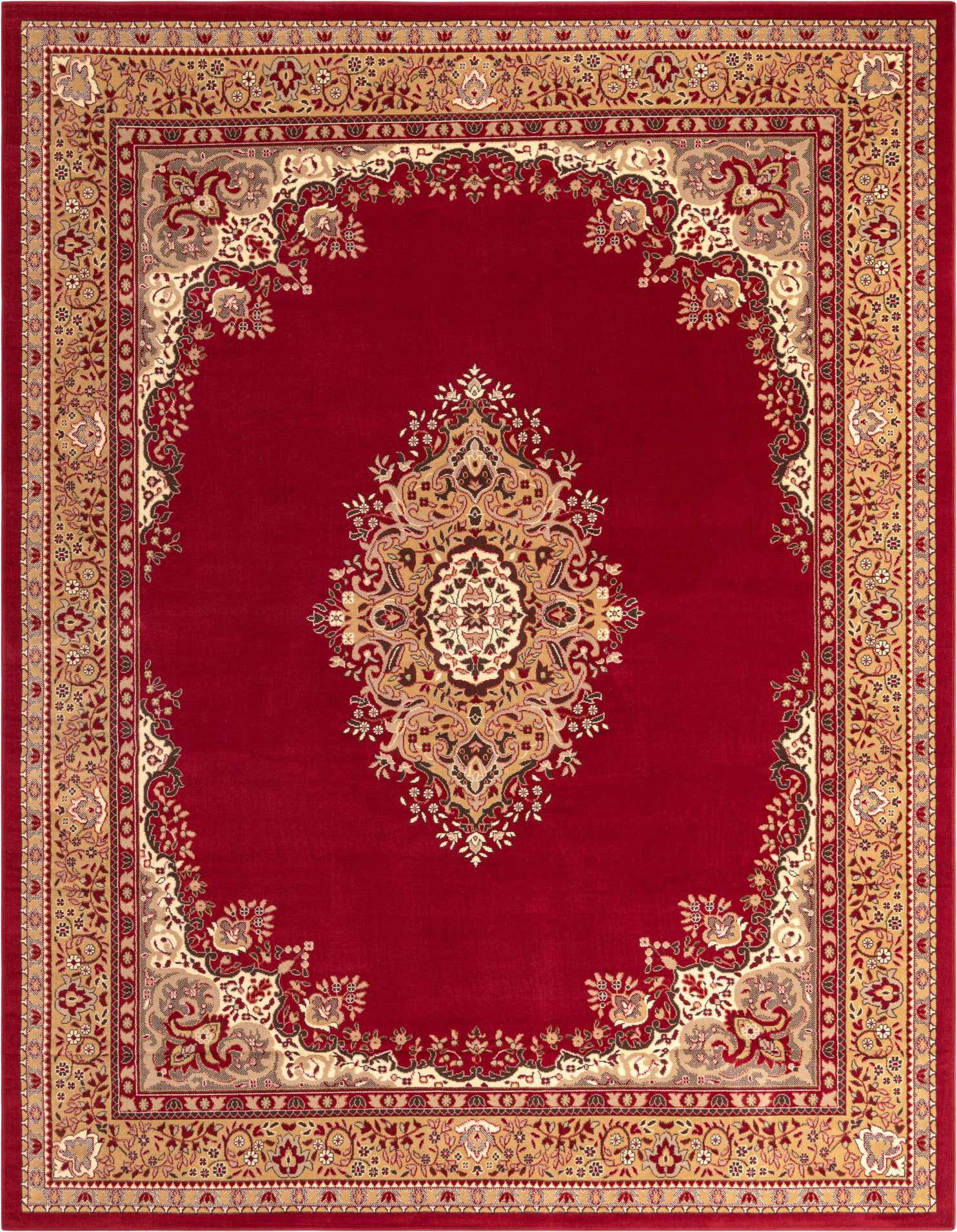 A 10x13 rectangular red traditional Oriental rug with a detailed gold and cream medallion pattern and ornate border.