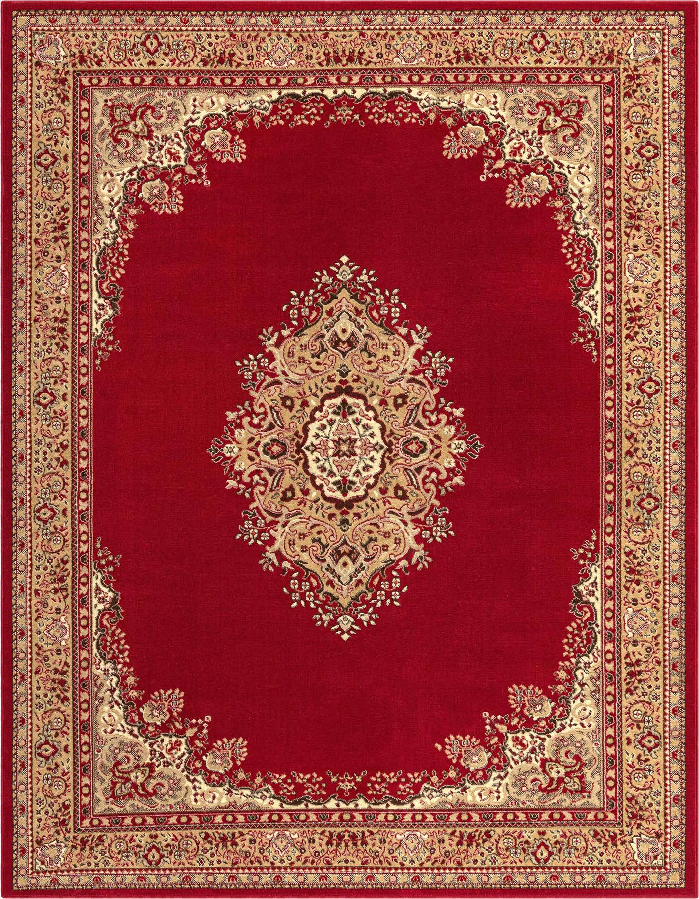 7x10 rectangular red traditional rug with an ornate gold and cream medallion pattern and border.
