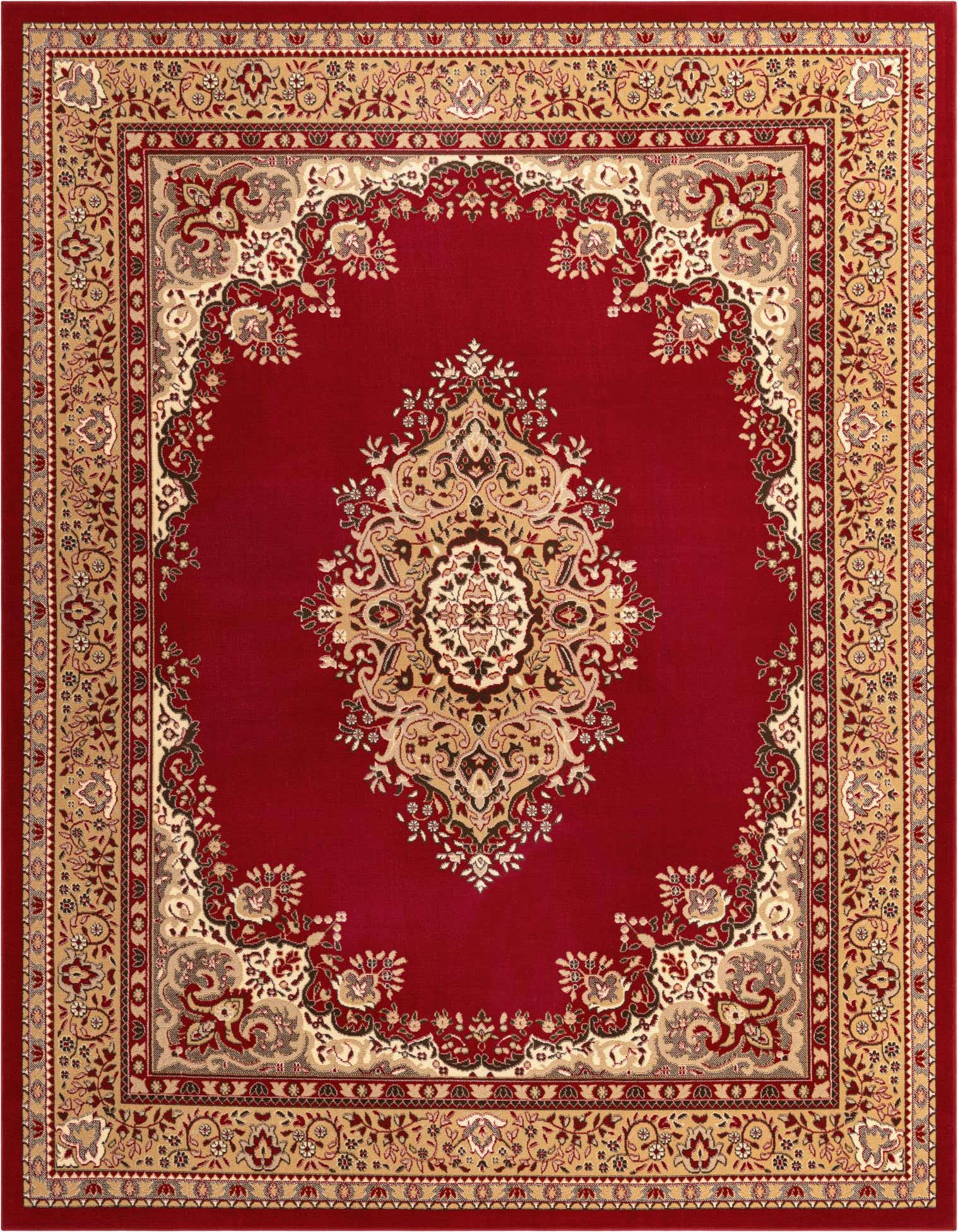 A 9x12 rectangular red traditional rug with an ornate gold, cream, and black medallion pattern.