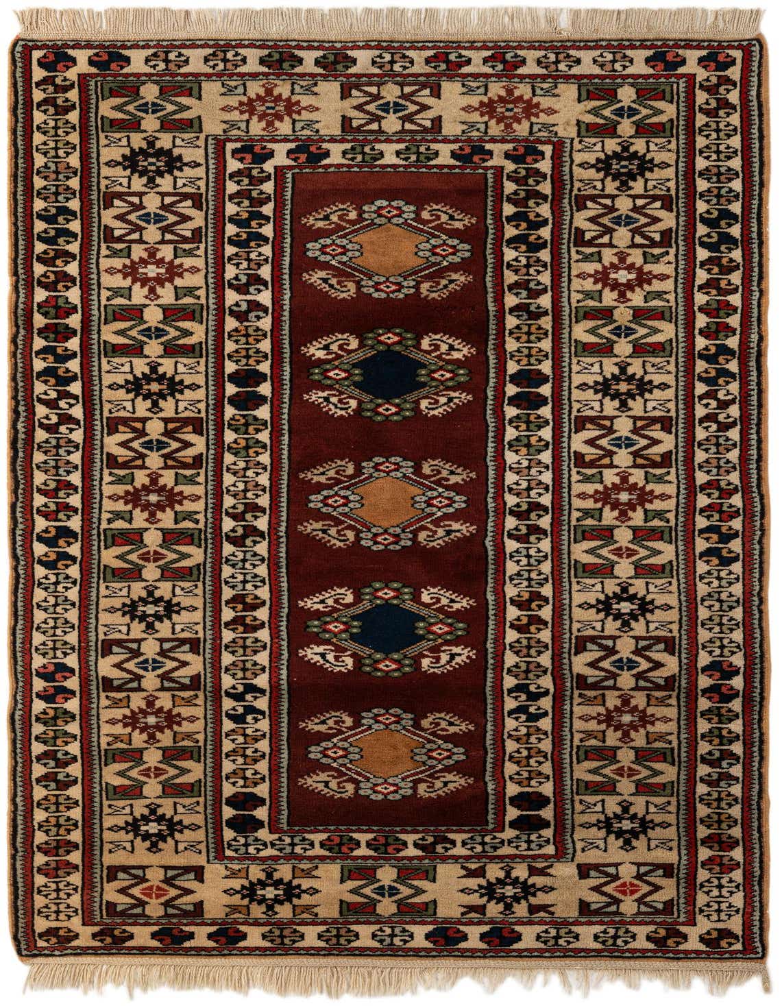 A 5x7 rectangular Anatolian wool rug featuring a traditional Oriental pattern with a deep red center and intricate beige borders, adorned with geometric and floral motifs.