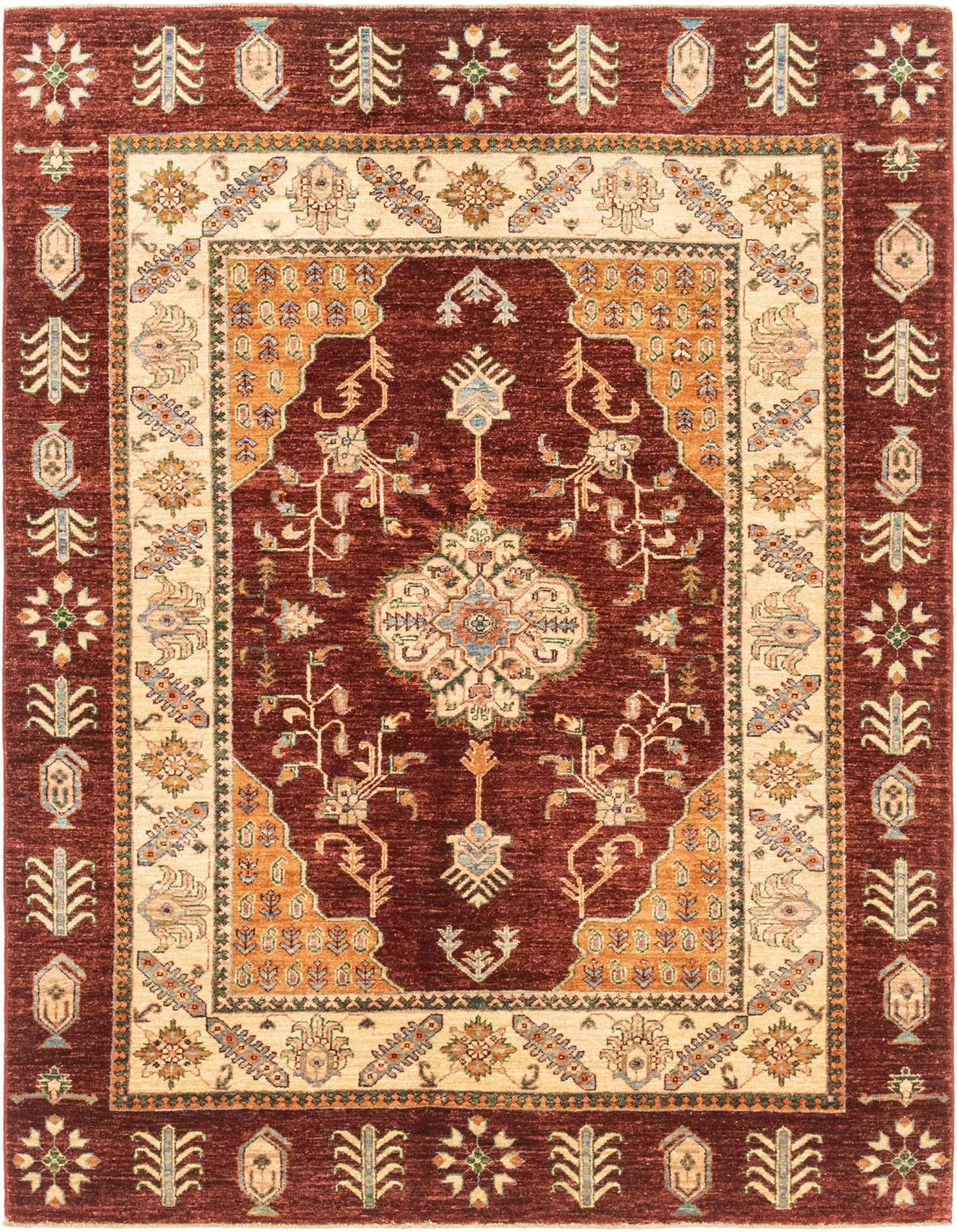 A 5x7 rectangular Ariana Ziegler rug featuring a rich red field with a central medallion and intricate tribal patterns, framed by a cream and red border.