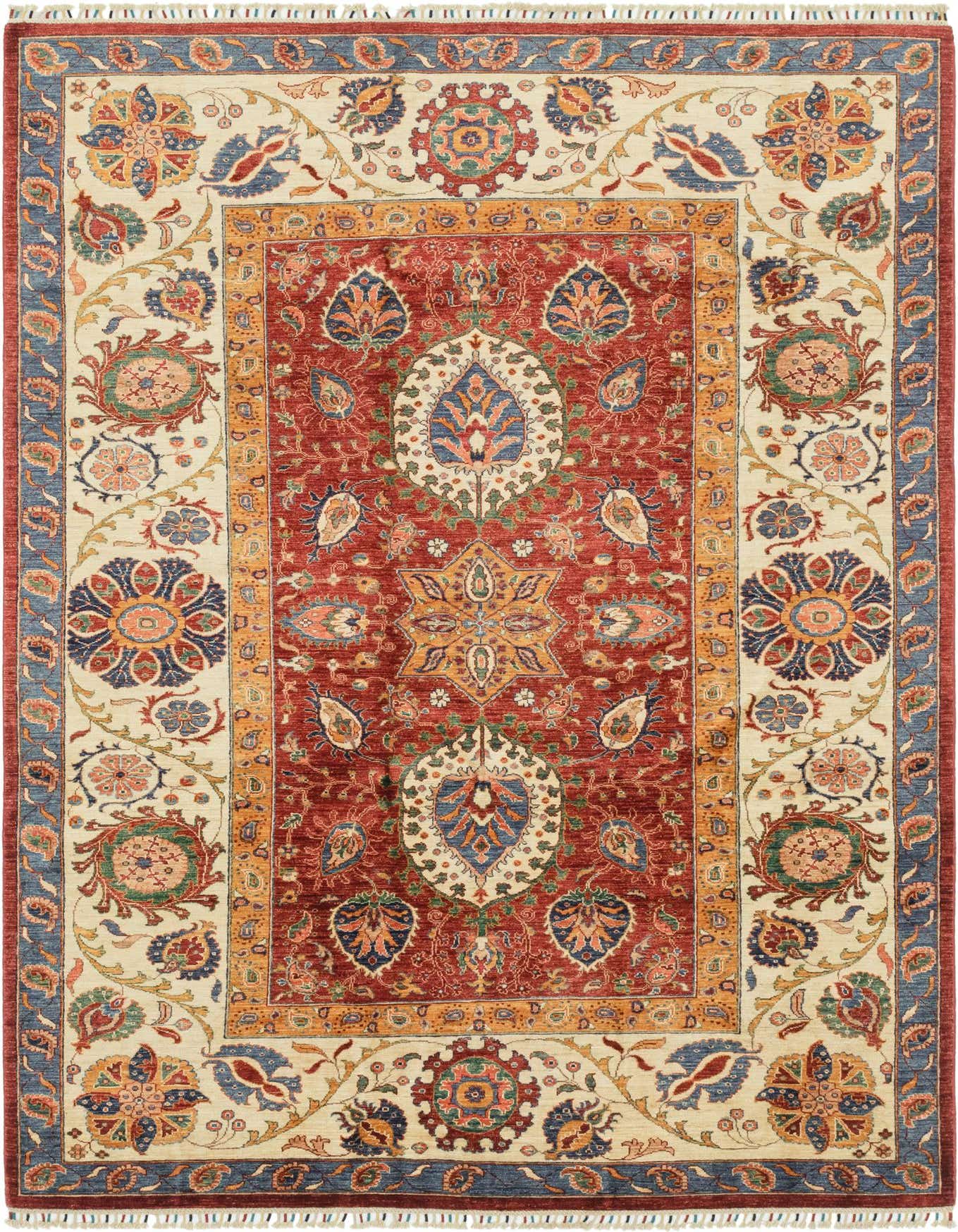 A 7x10 rectangular Ariana Ziegler rug featuring a rich red field with intricate traditional Southwestern and Oriental patterns, bordered by a cream and blue floral design, perfect for a living room.