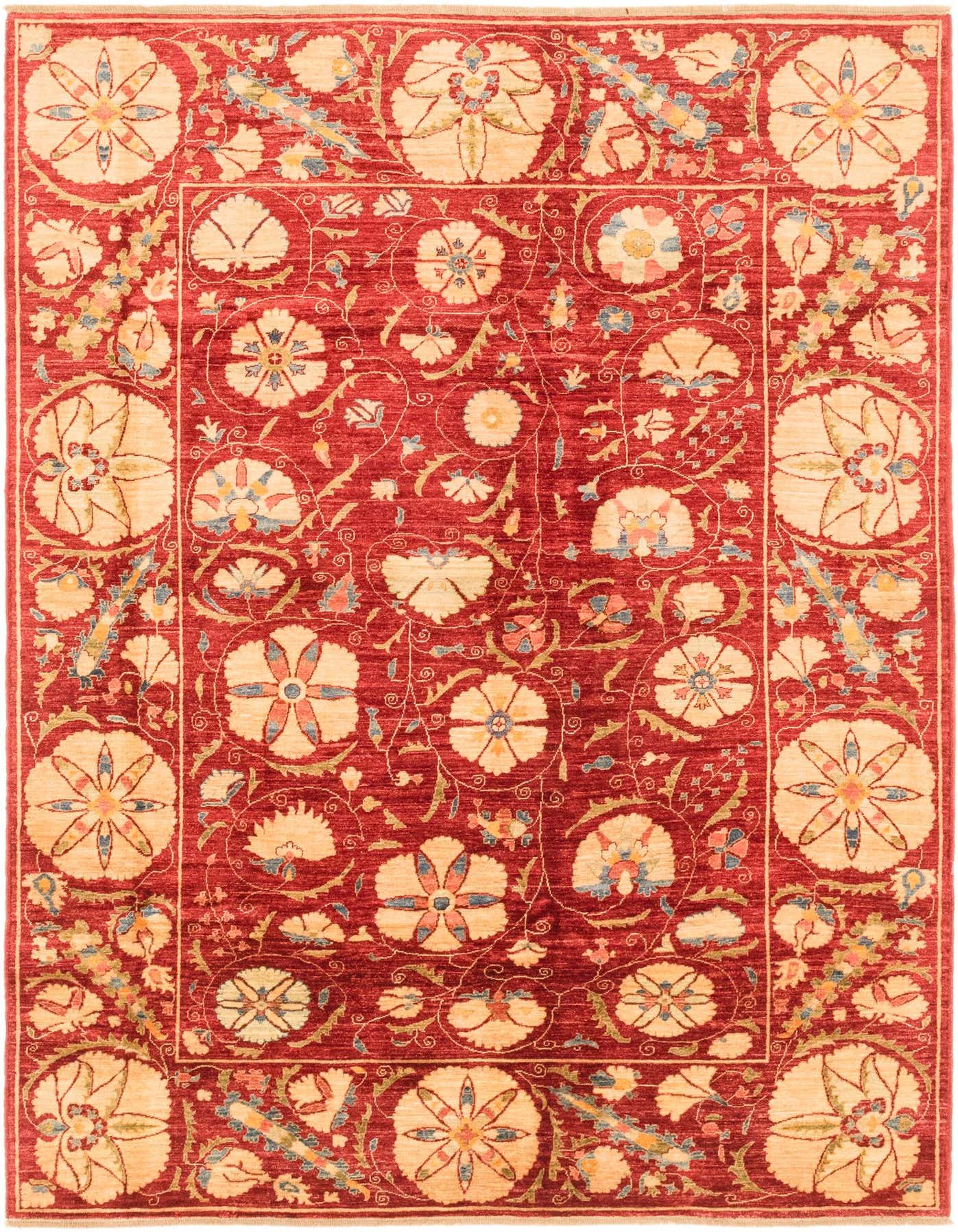 A 6x9 rectangular red tribal rug with an oriental floral pattern in cream, blue, and green, suitable for a living room.
