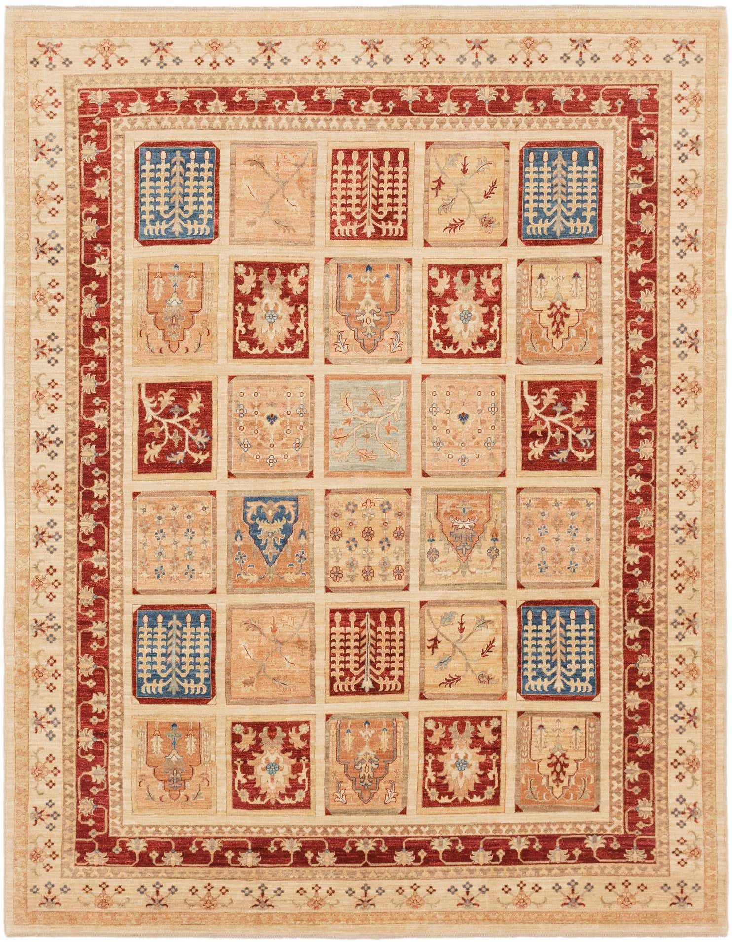 An 8x11 rectangular Ariana Ziegler rug featuring a grid of traditional tribal patterns in red, blue, and beige, with a prominent red border.