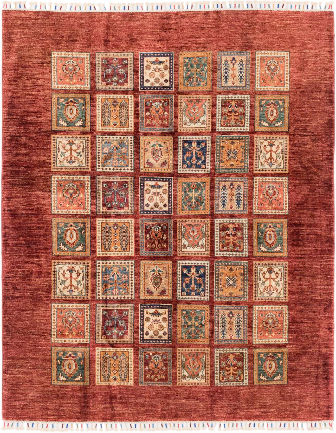 A 6x9 rectangular Ariana Ziegler rug featuring a rich red border and a grid of colorful Southwestern and Oriental motifs.
