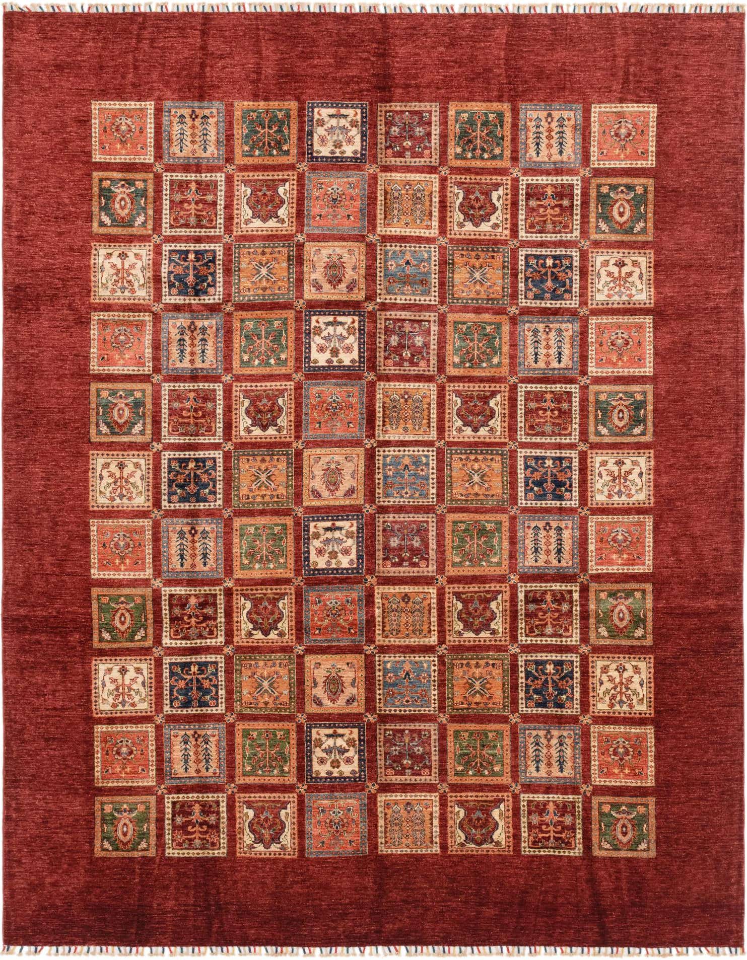 An 8x11 rectangular red Southwestern rug featuring a grid of colorful tribal patterns, ideal for a living room.