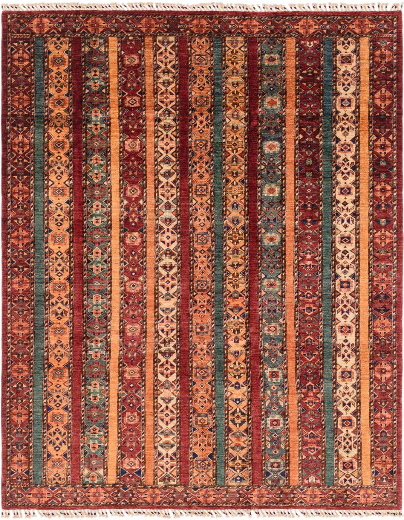 A 6x9 rectangular Ariana Ziegler rug featuring traditional Southwestern and Tribal stripes in reds, oranges, and teal.