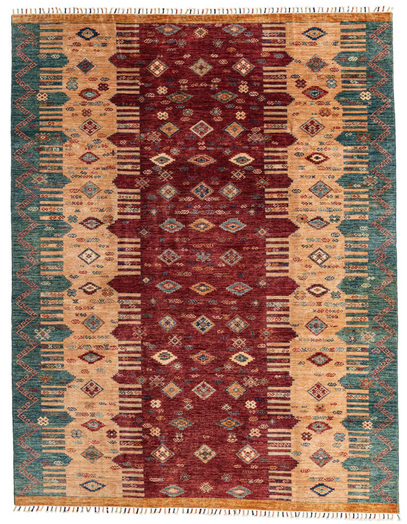 A 7x10 rectangular Ariana Ziegler rug featuring a deep red center with intricate oriental patterns and broad beige and teal borders.