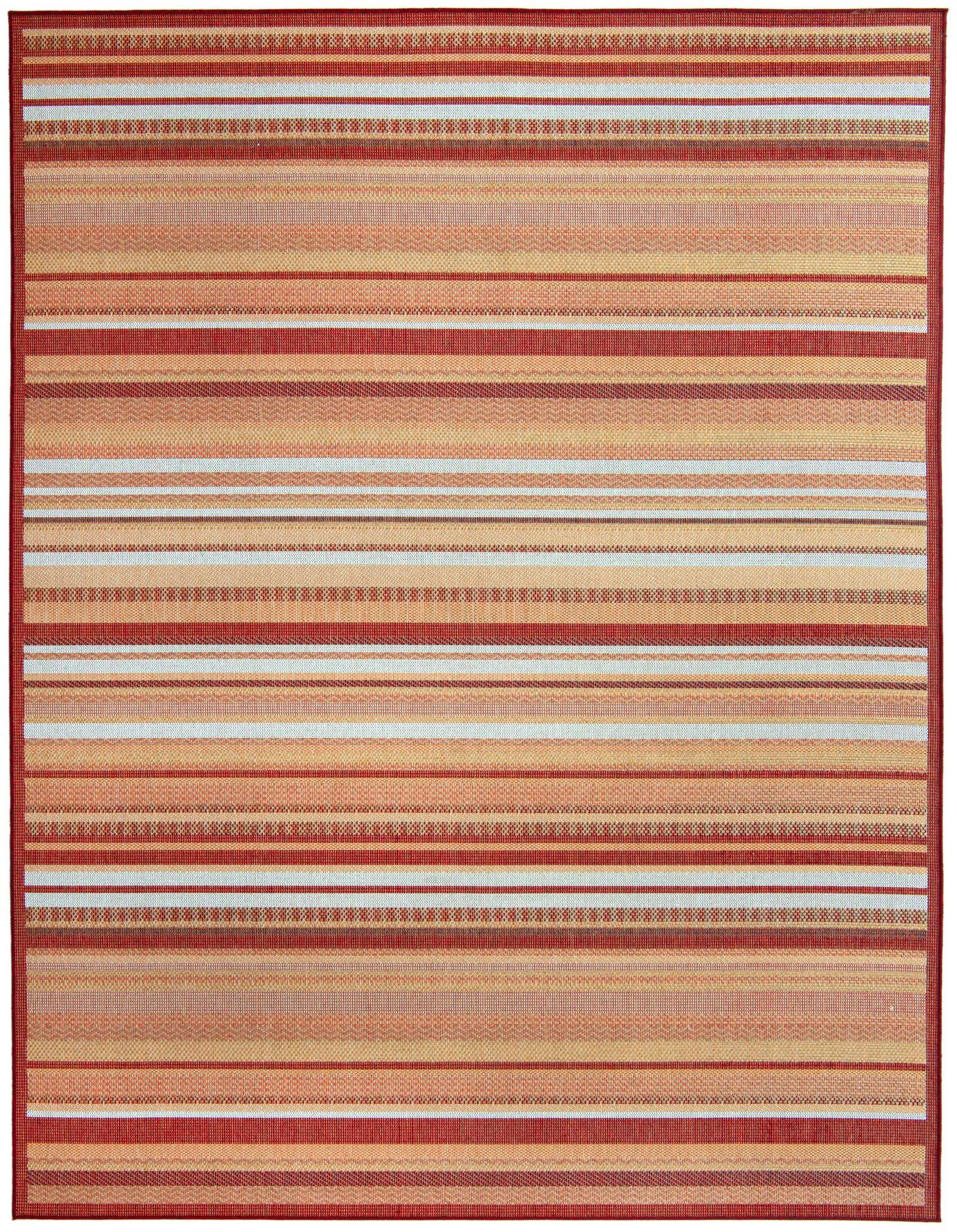 A 9x12 rectangular Baja Outdoor rug featuring modern red and orange stripes, perfect for a patio or living room.