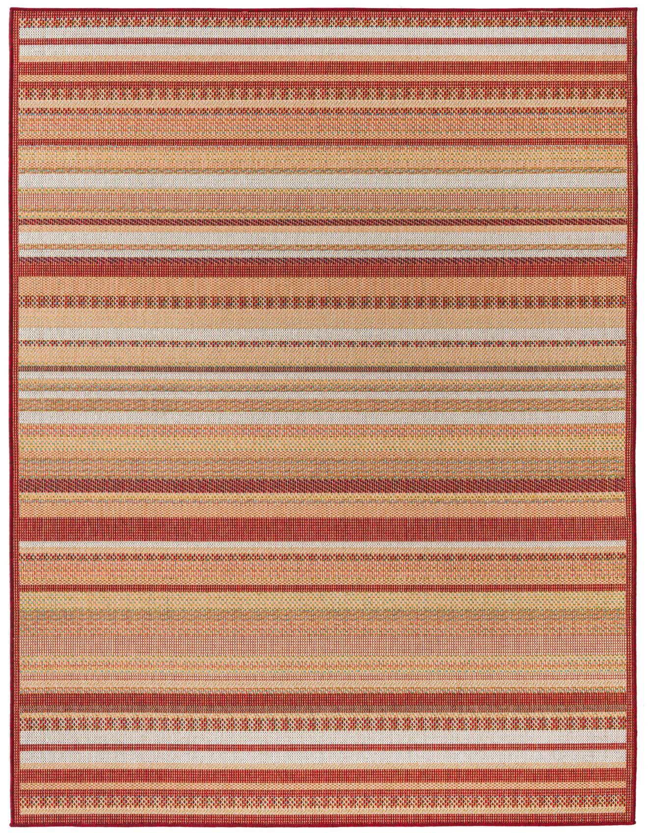 A 6x9 rectangular Baja Outdoor rug featuring modern red and orange stripes, suitable for indoor or outdoor spaces.
