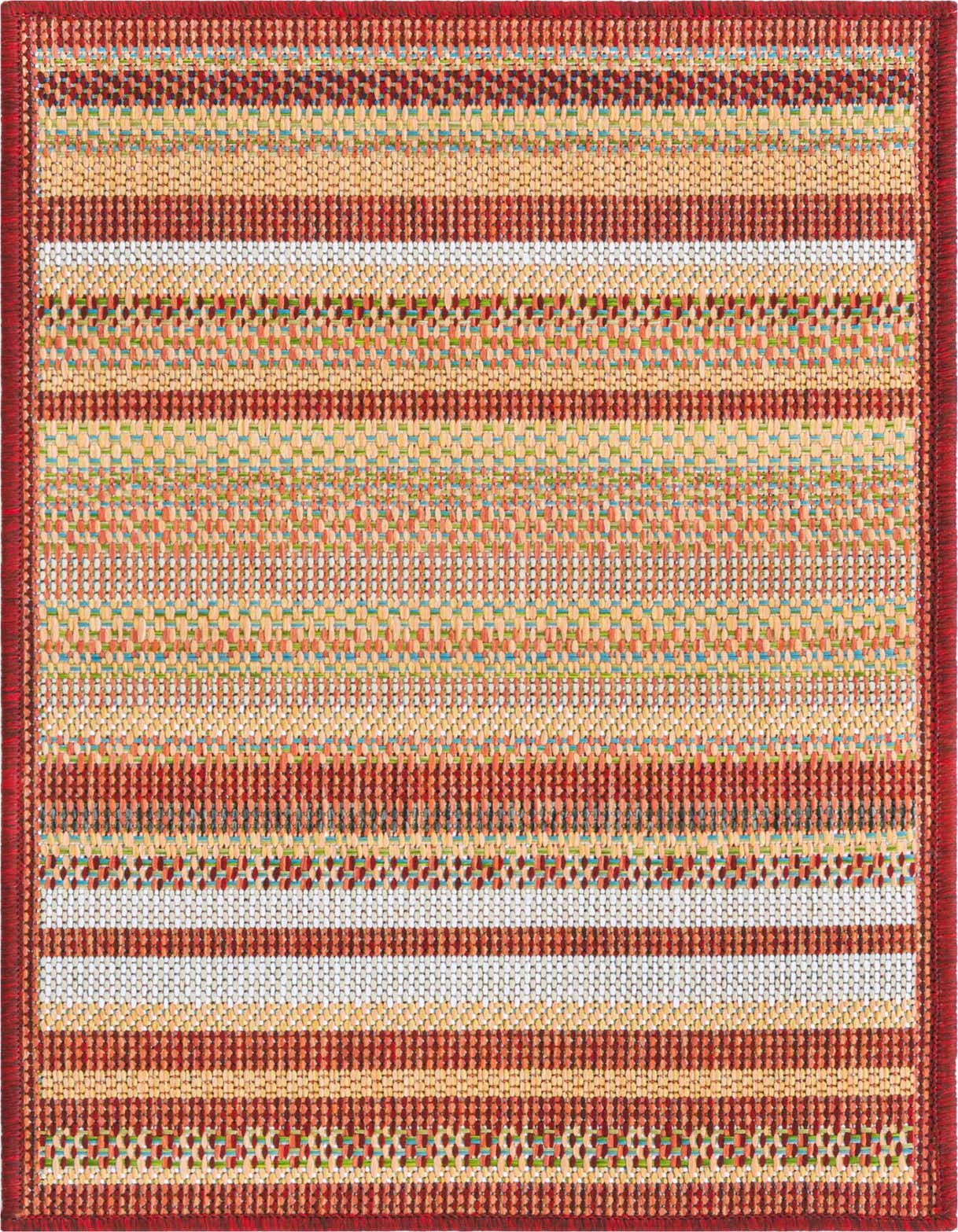 A 2x3 rectangular Baja Outdoor rug featuring modern multi-color stripes in various shades of red, beige, and subtle blues.