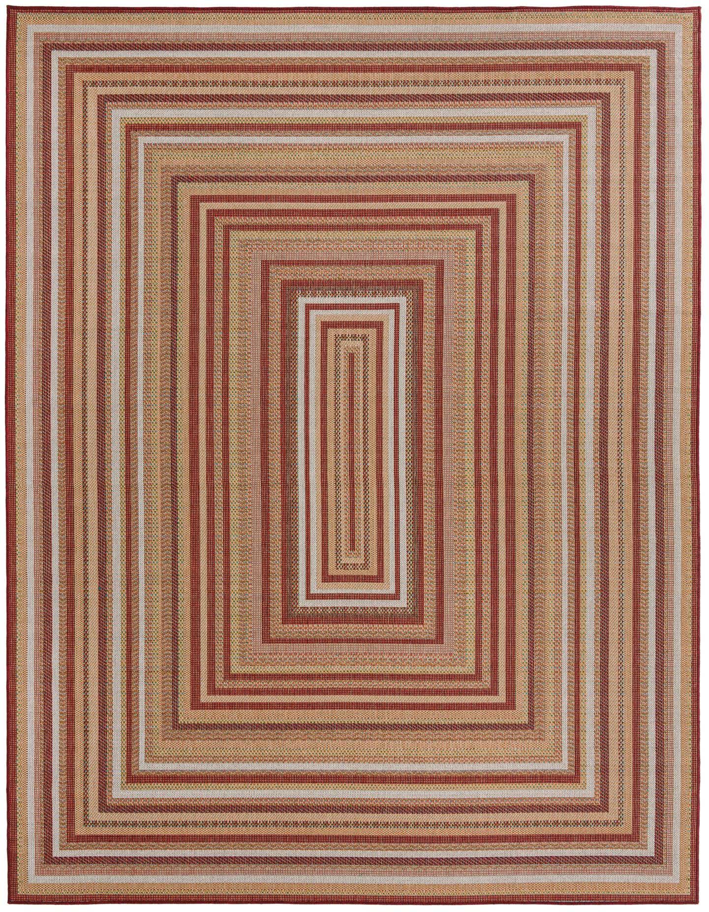 A 9x12 rectangular Baja Outdoor rug featuring a modern striped pattern in various shades of red and beige, suitable for indoor or outdoor use.