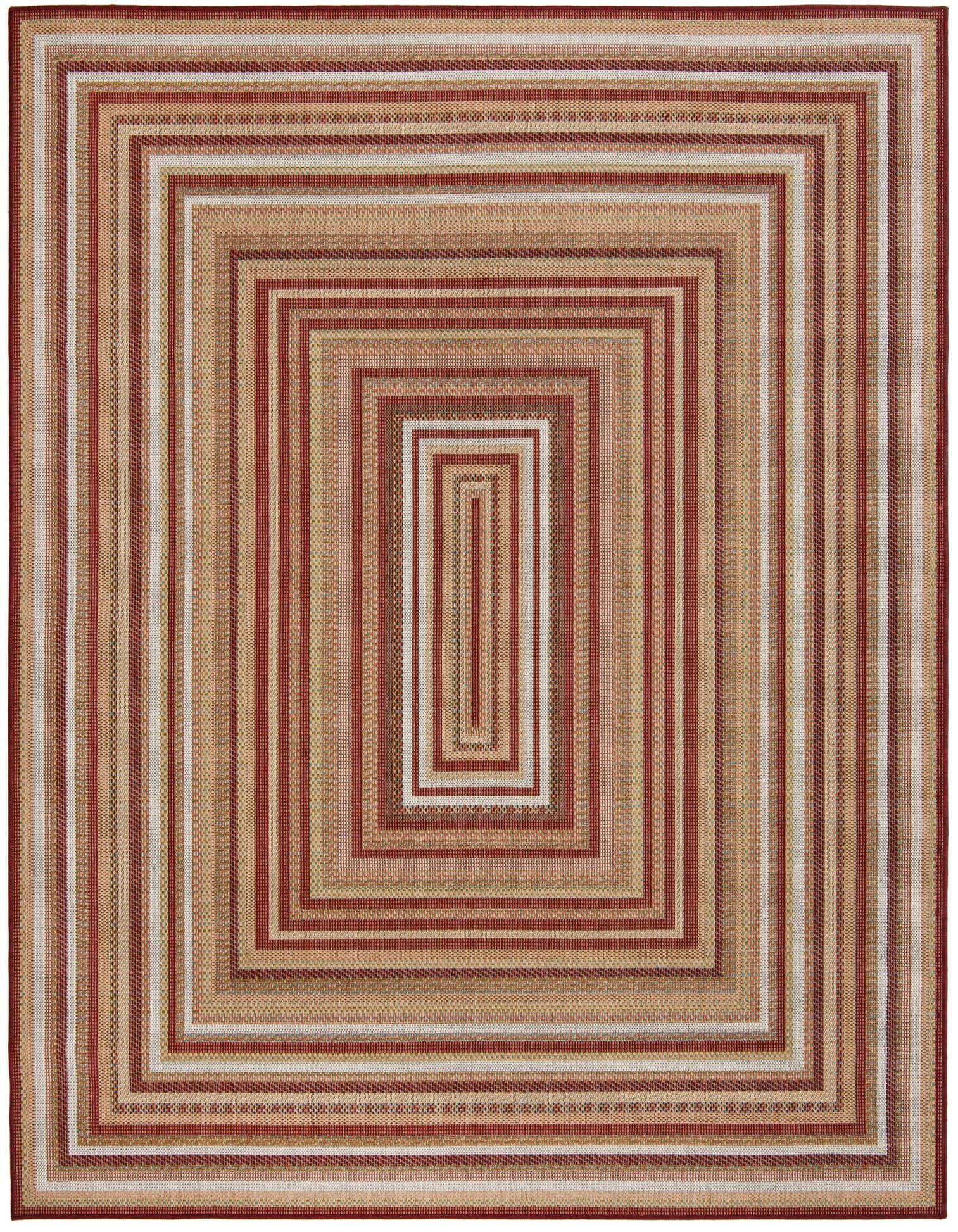 8x10 rectangular Baja Outdoor rug featuring a modern striped pattern in various shades of red and beige.