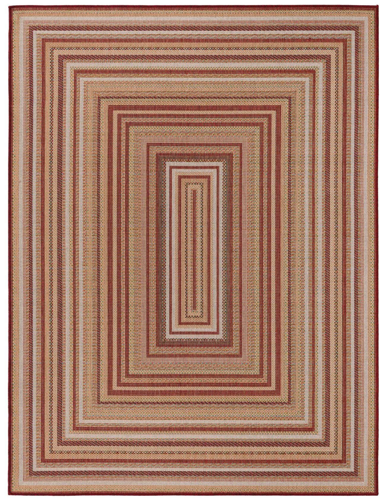 A 6x9 rectangular rug featuring a modern striped pattern in various shades of red, beige, and cream, suitable for indoor or outdoor spaces.