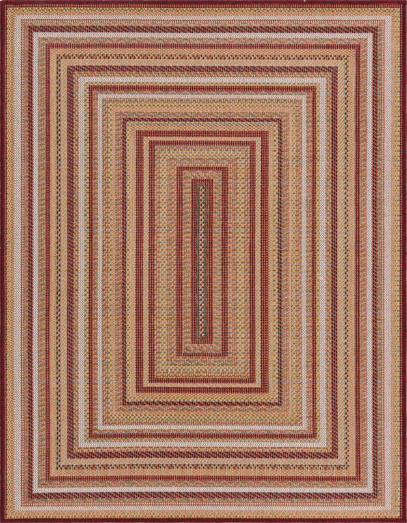 A 4x6 rectangular indoor/outdoor rug featuring a modern striped pattern in various shades of red, beige, and tan.