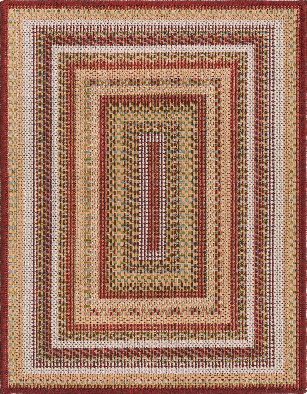 A 2x3 rectangular Baja Outdoor rug featuring a modern striped pattern in various shades of red, beige, and subtle green, suitable for indoor/outdoor use.