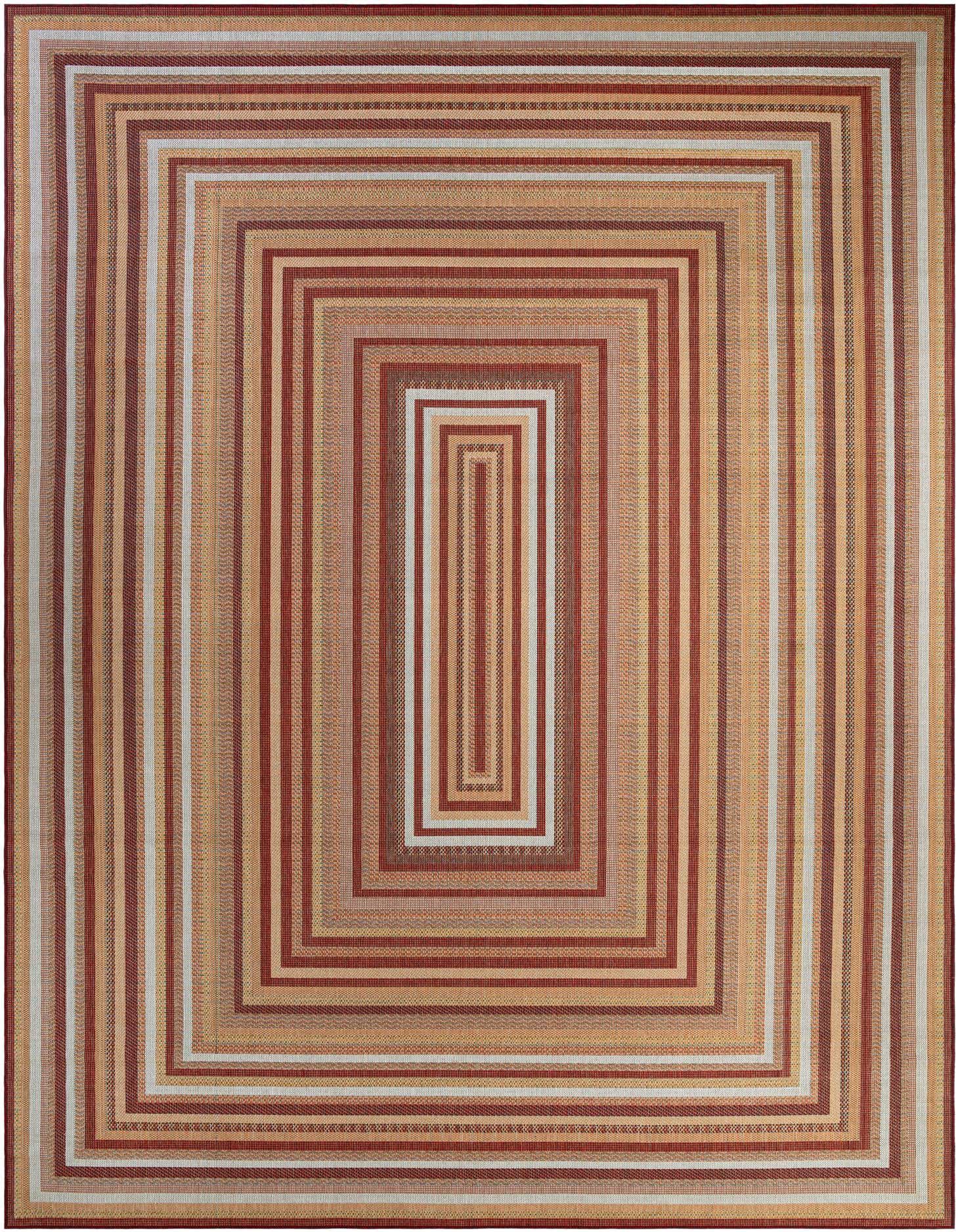 A large 12x16 rectangular Baja Outdoor rug featuring a modern striped pattern in various shades of red, orange, and beige.