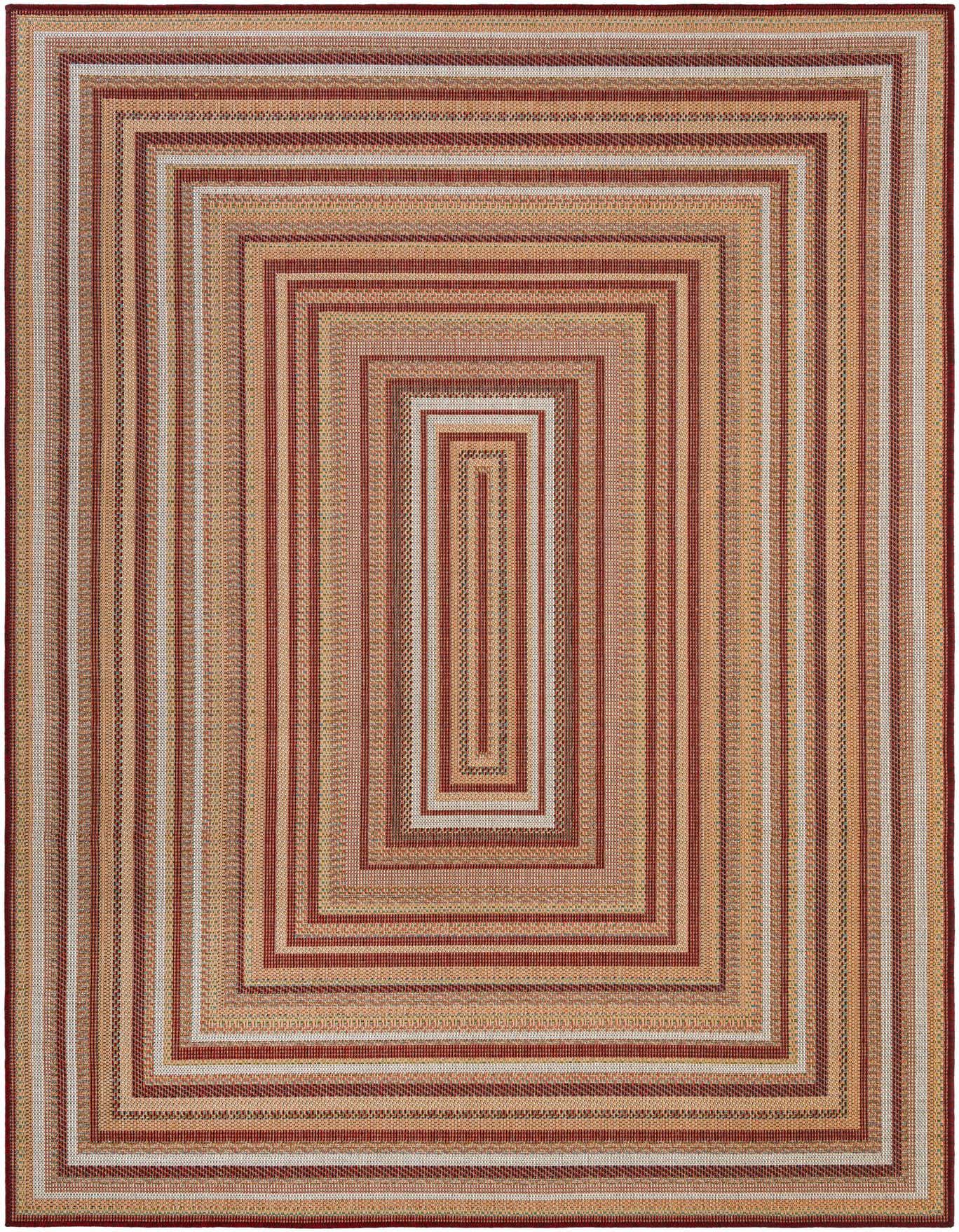 A 7x10 rectangular Baja Outdoor rug featuring a modern striped pattern in various shades of red and beige.