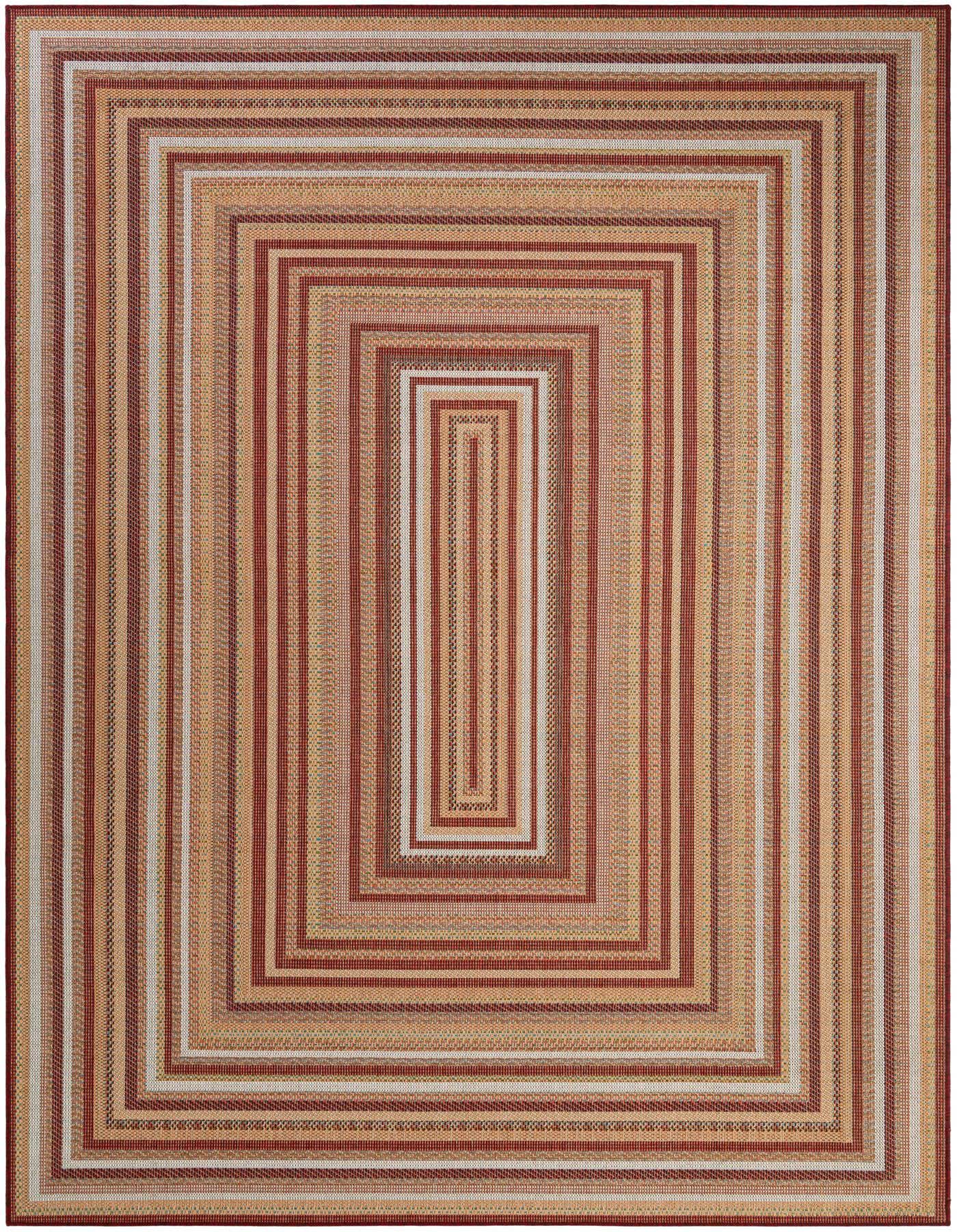 A rectangular 8x11 Baja Outdoor rug featuring a modern stripe pattern in various shades of red, orange, and beige, suitable for indoor or outdoor use.