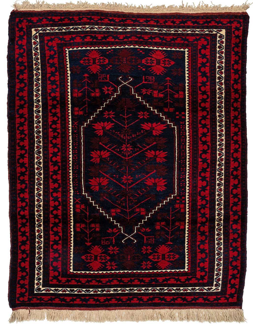 A 4x6 rectangular Balouch rug with a deep red and navy tribal pattern, featuring a central medallion and intricate borders, suitable for an entryway or living room.
