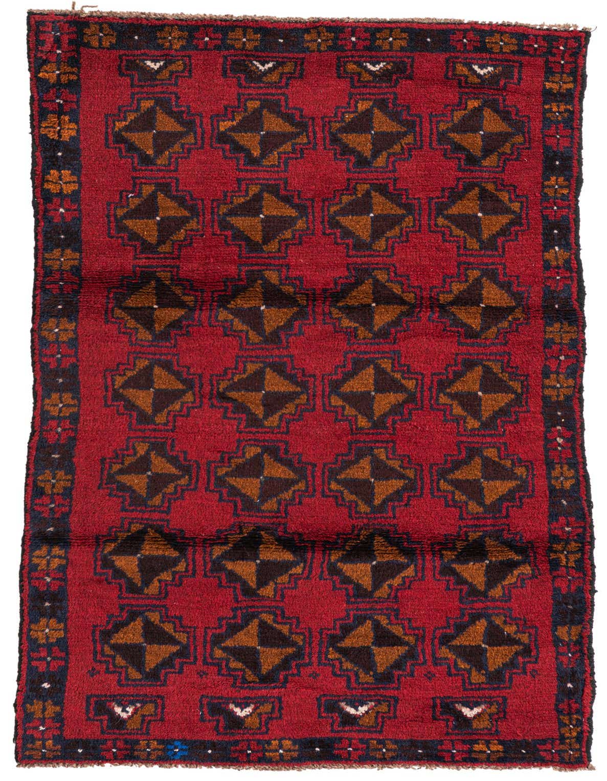 A 3x5 rectangular Balouch rug in deep red with a traditional tribal pattern of repeating dark brown and orange geometric motifs.
