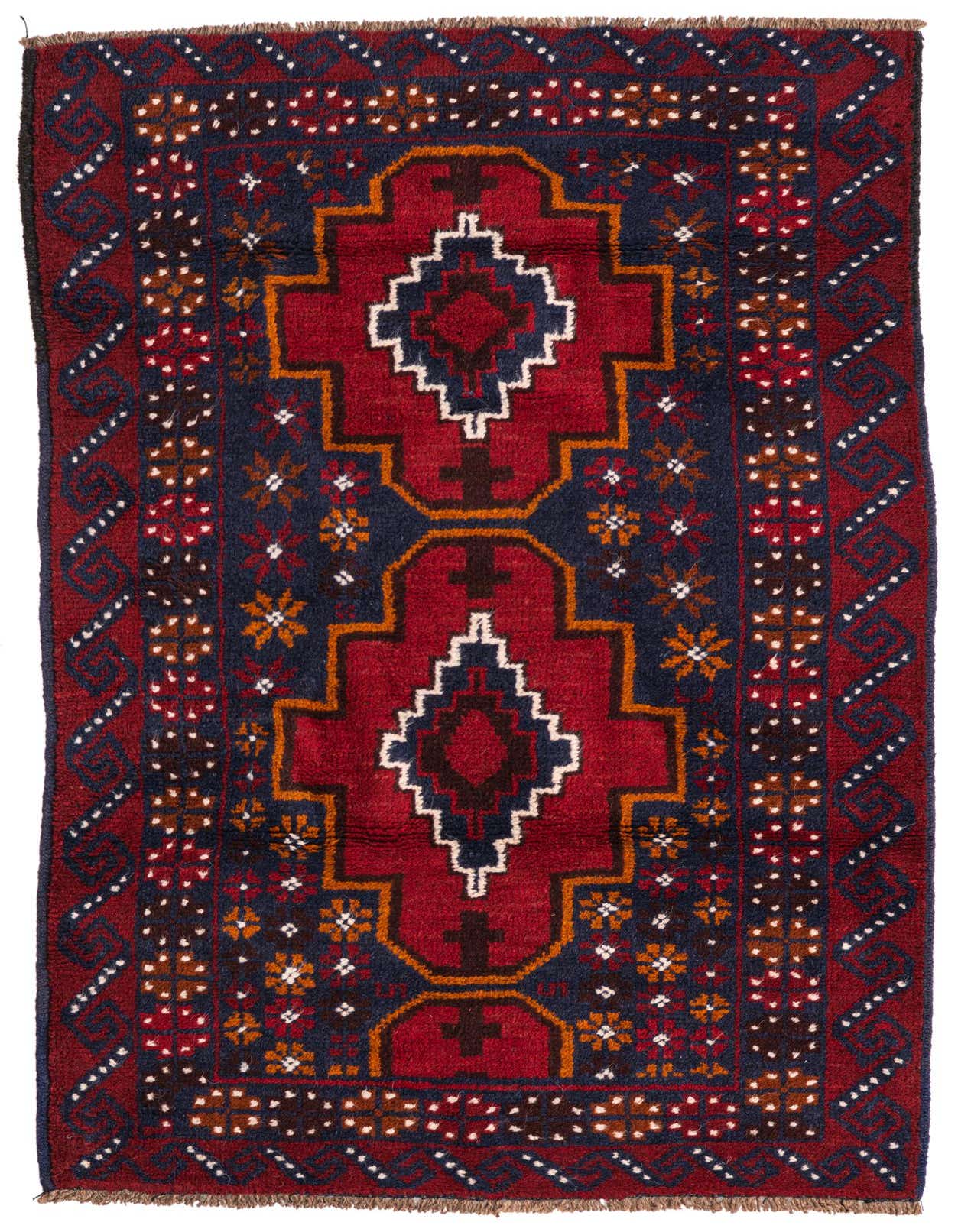 A 3x5 rectangular Balouch wool rug featuring a traditional red and navy tribal medallion pattern.