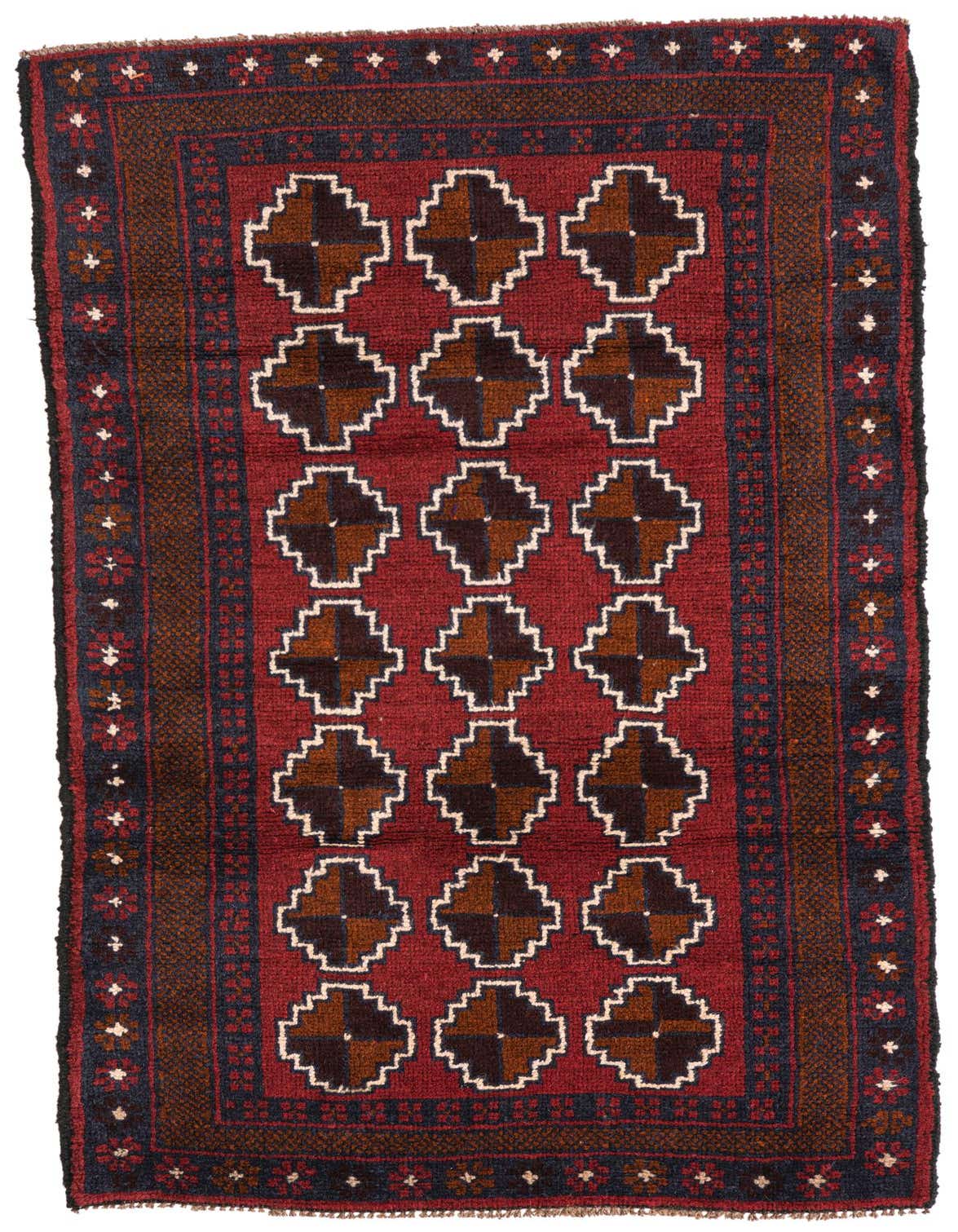 A 3x5 rectangular Balouch rug featuring a deep red field with repeating geometric patterns in brown, black, and white, bordered by intricate tribal motifs.